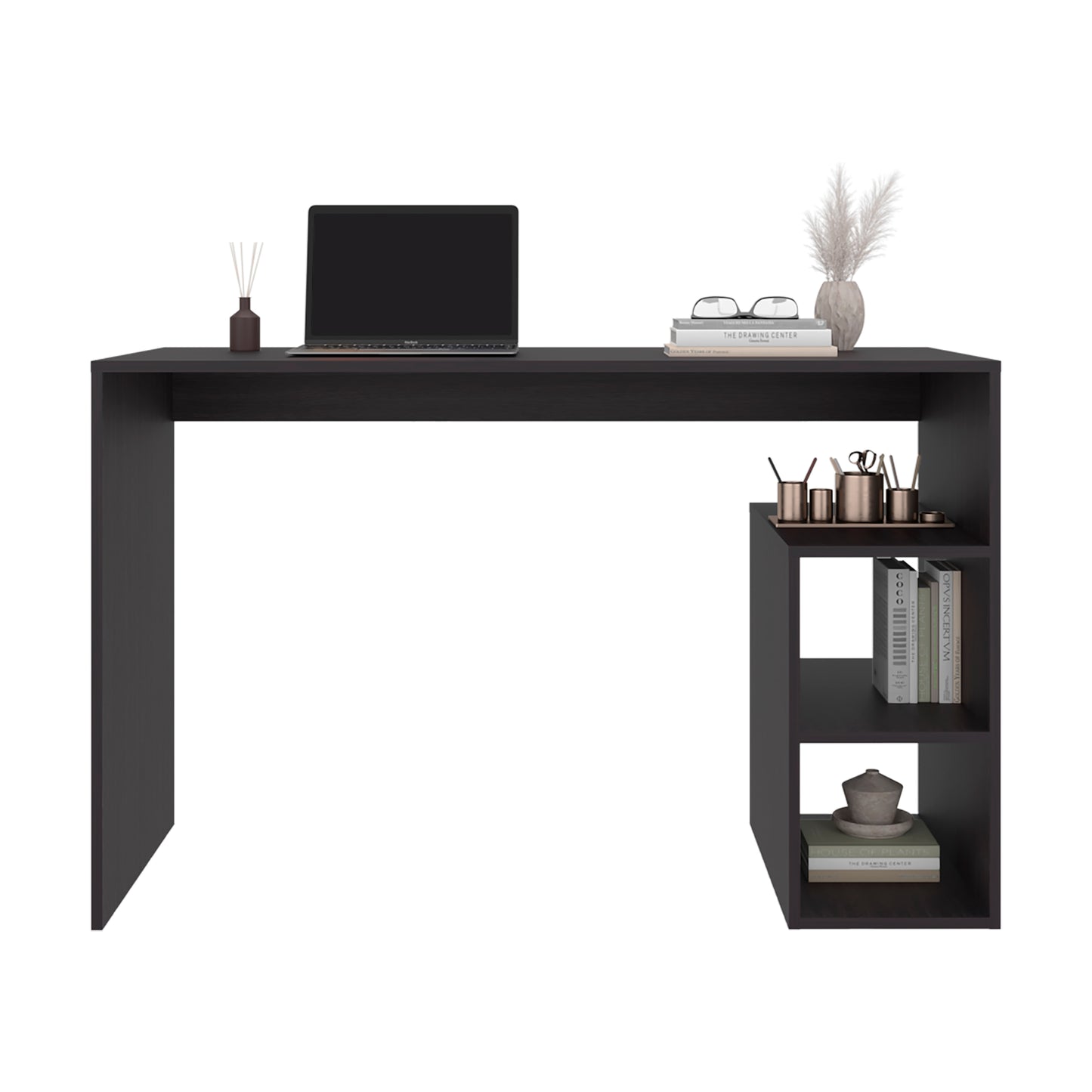 Black Engineered Wood Desk with 3 Shelves for Home Office