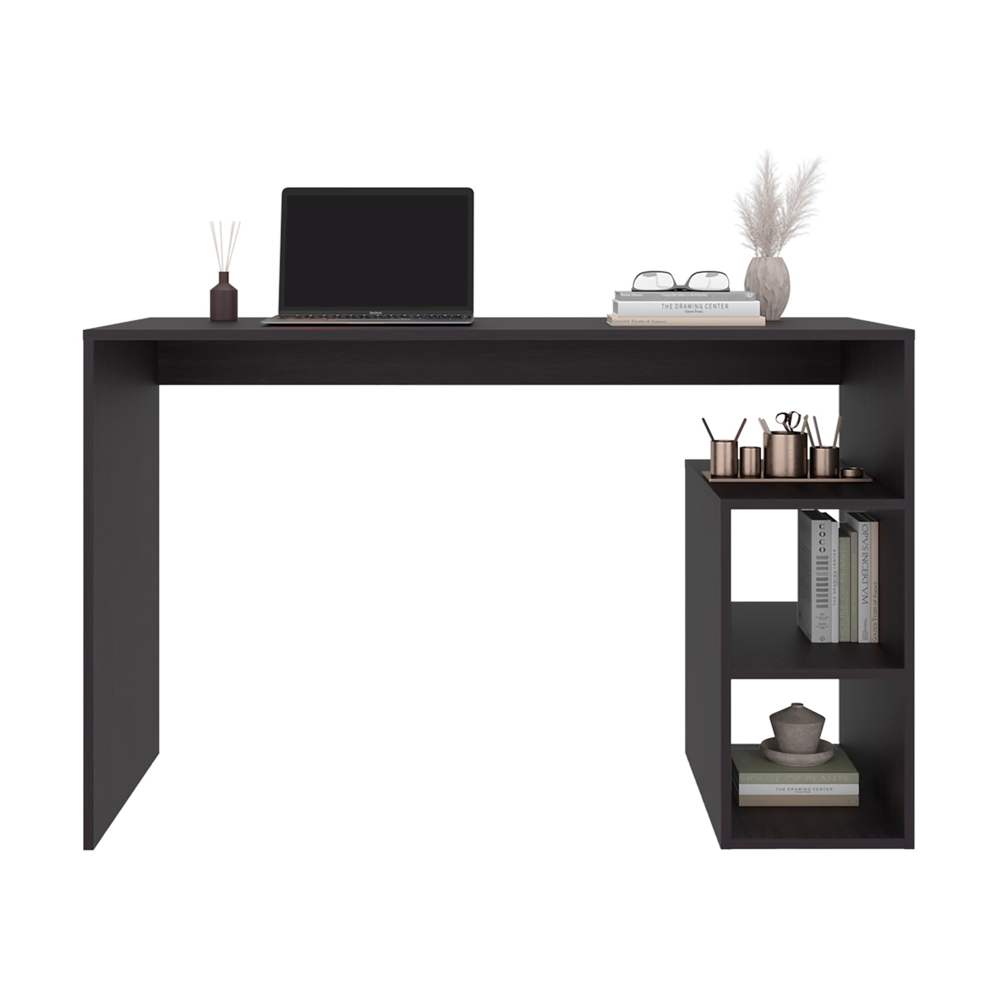Black Engineered Wood Desk with 3 Shelves for Home Office