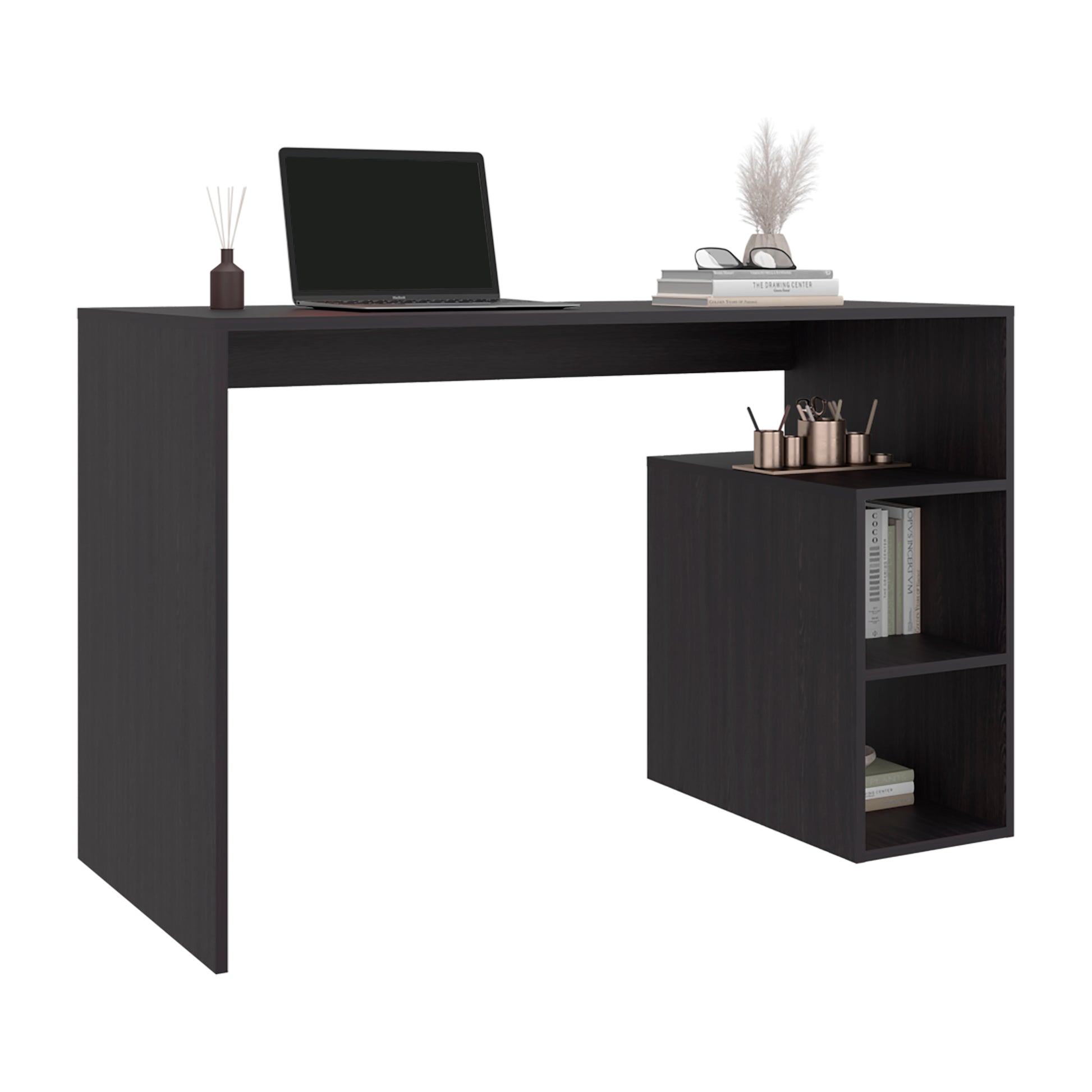 Black Engineered Wood Desk with 3 Shelves for Home Office