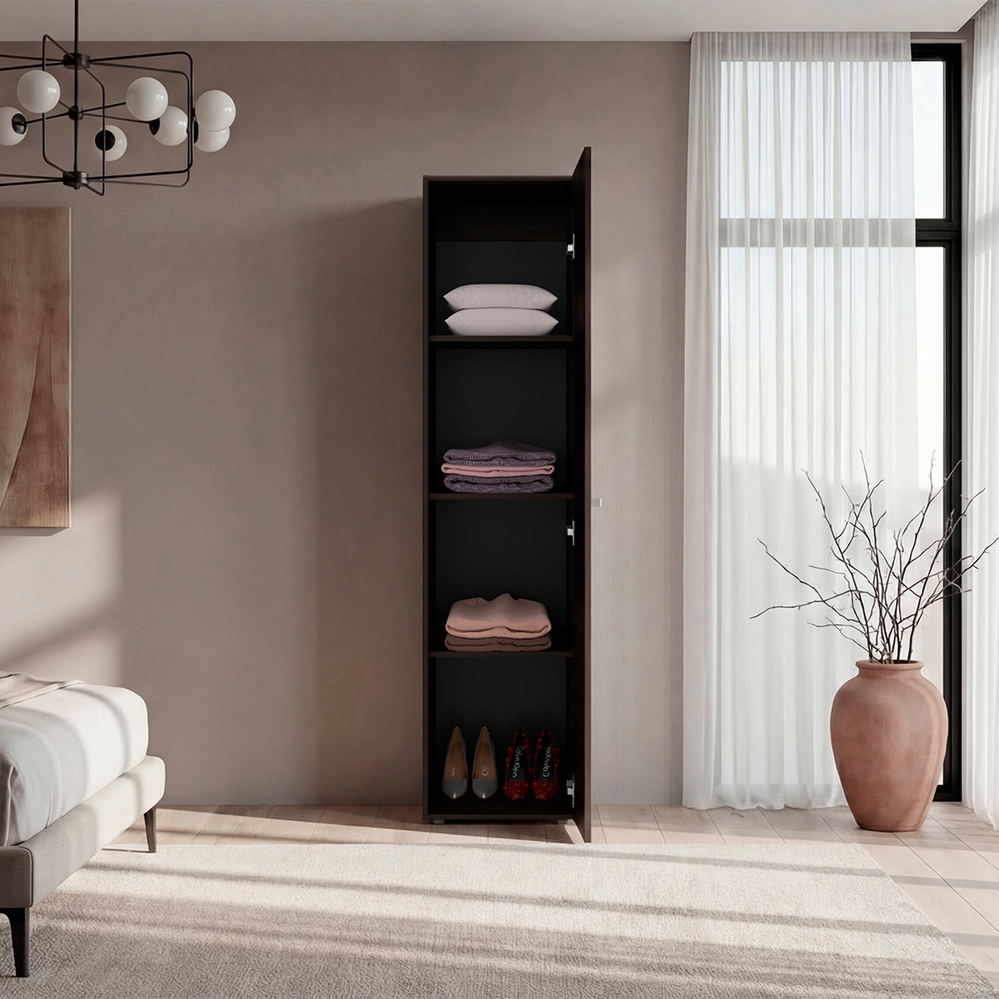 67" Dark Walnut Bedroom Wardrobe with Mirror & Storage