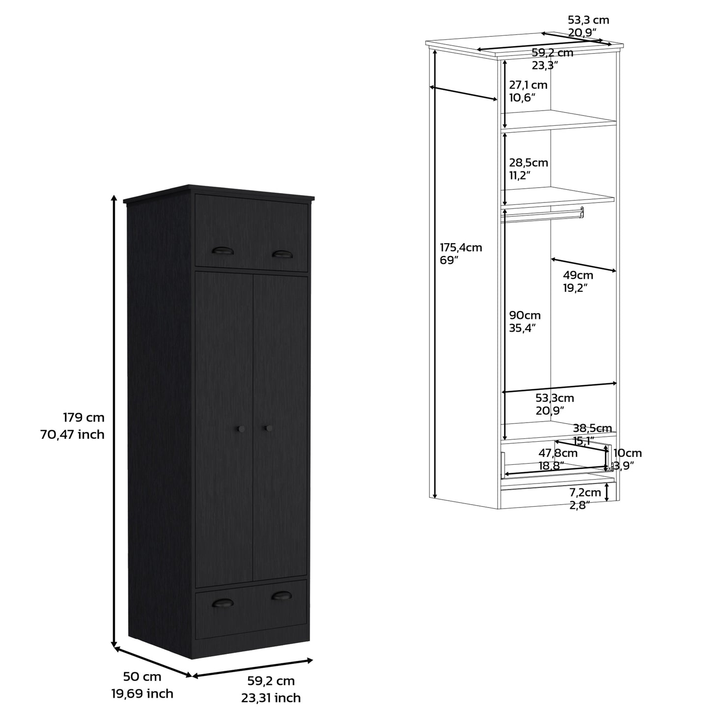 Black Dresser Closet with Upper Storage - 60" Wide