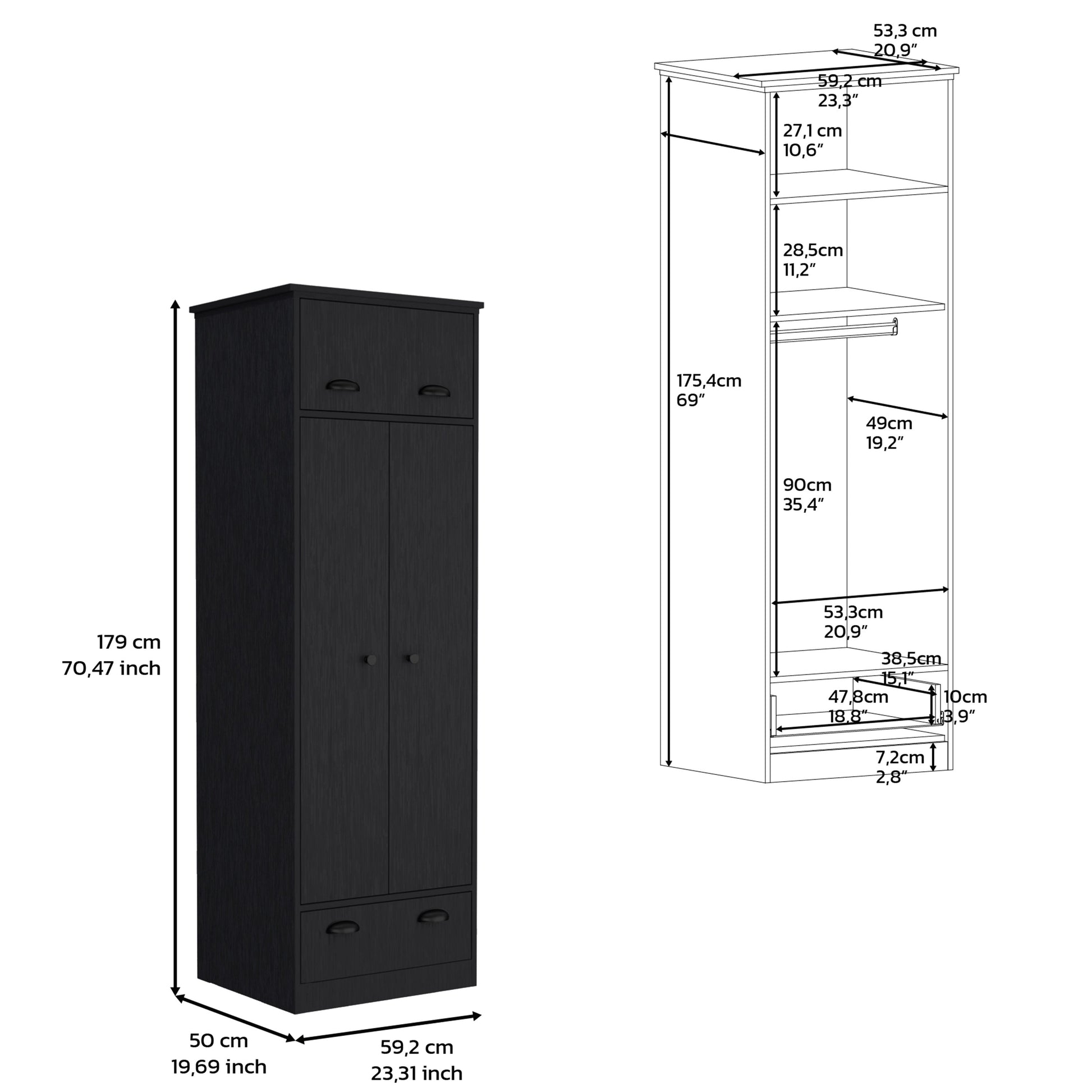 Black Dresser Closet with Upper Storage - 60" Wide
