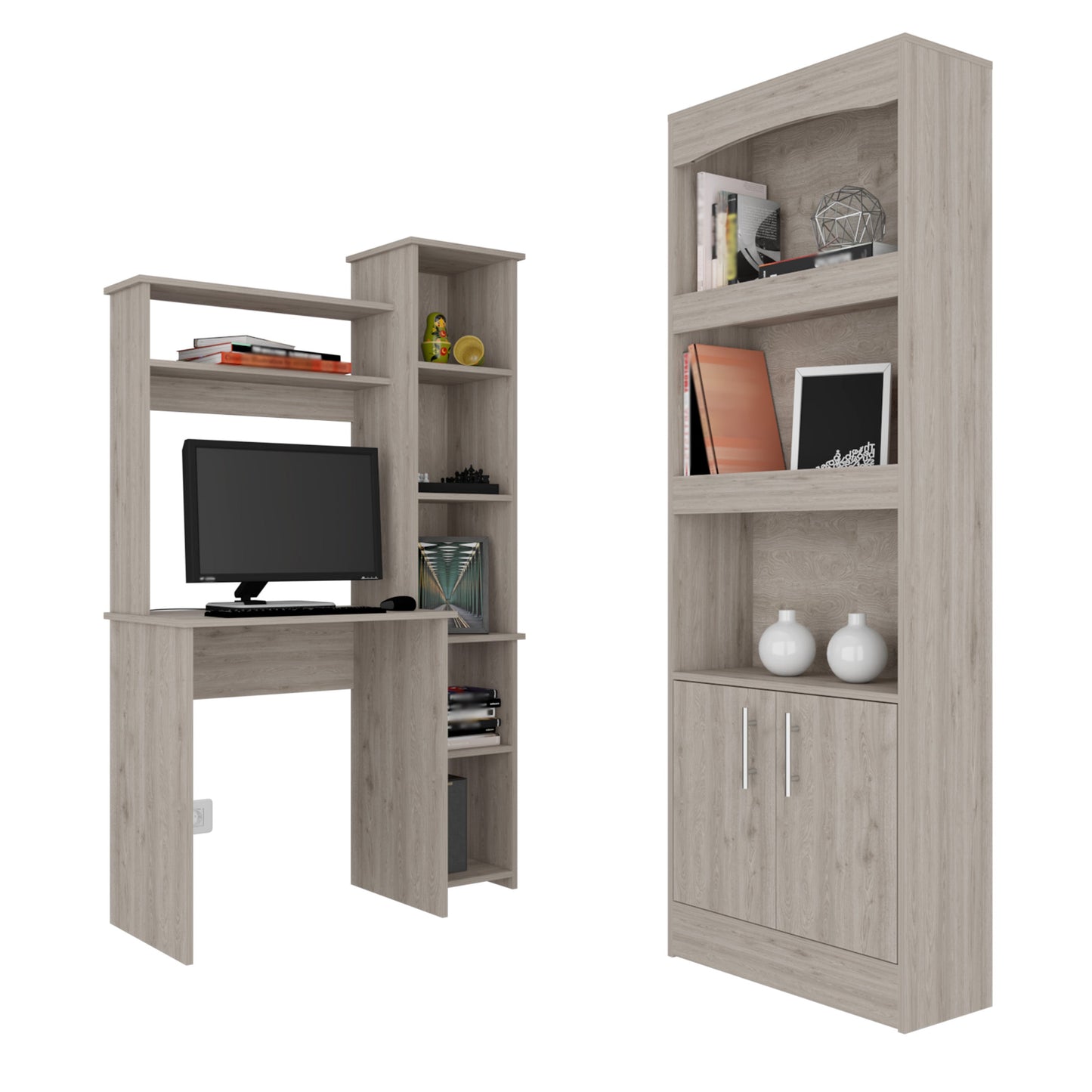 Light Gray Office Desk Set - 2 Piece Bookcase & Desk
