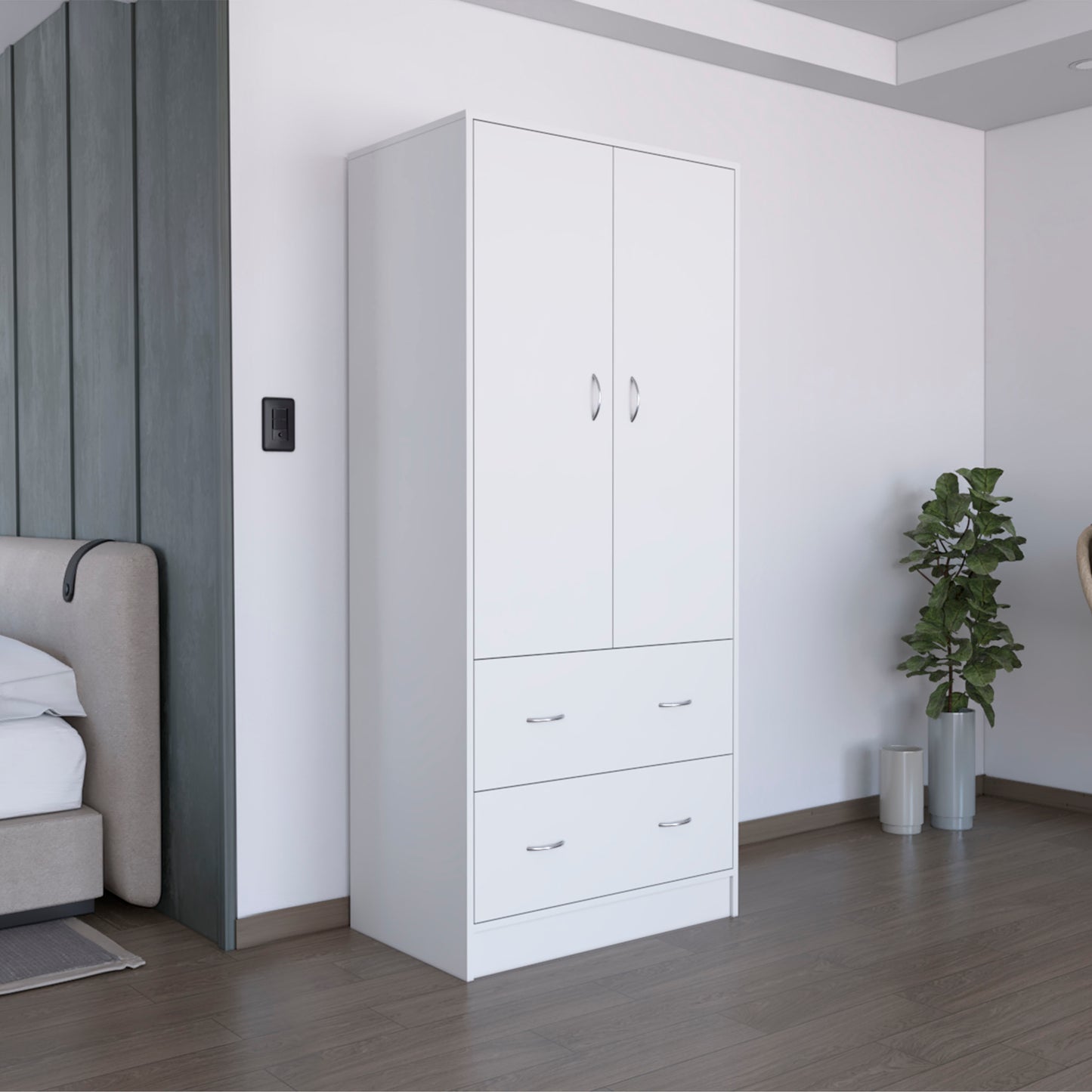 Armoire 71" H  with Two Doors, Two Drawers, and Hanging Rod,White