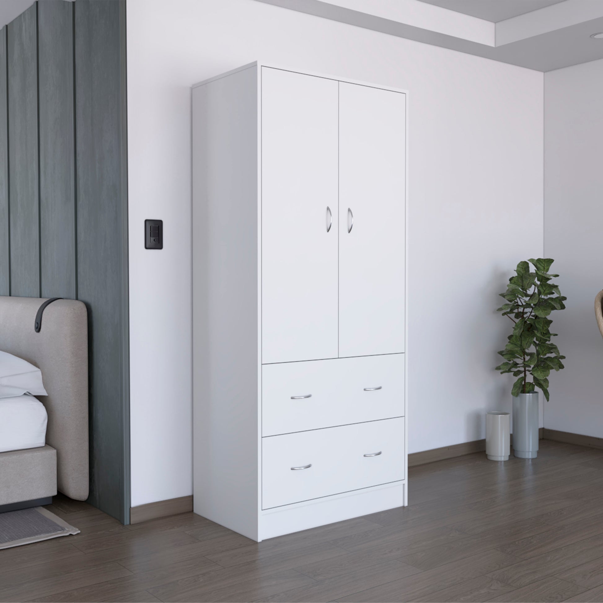 Armoire 71" H  with Two Doors, Two Drawers, and Hanging Rod,White