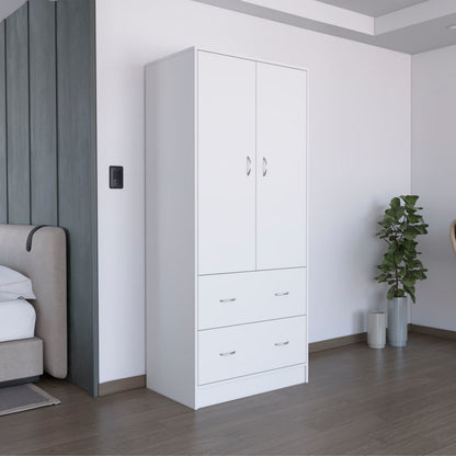 Armoire 71" H  with Two Doors, Two Drawers, and Hanging Rod,White