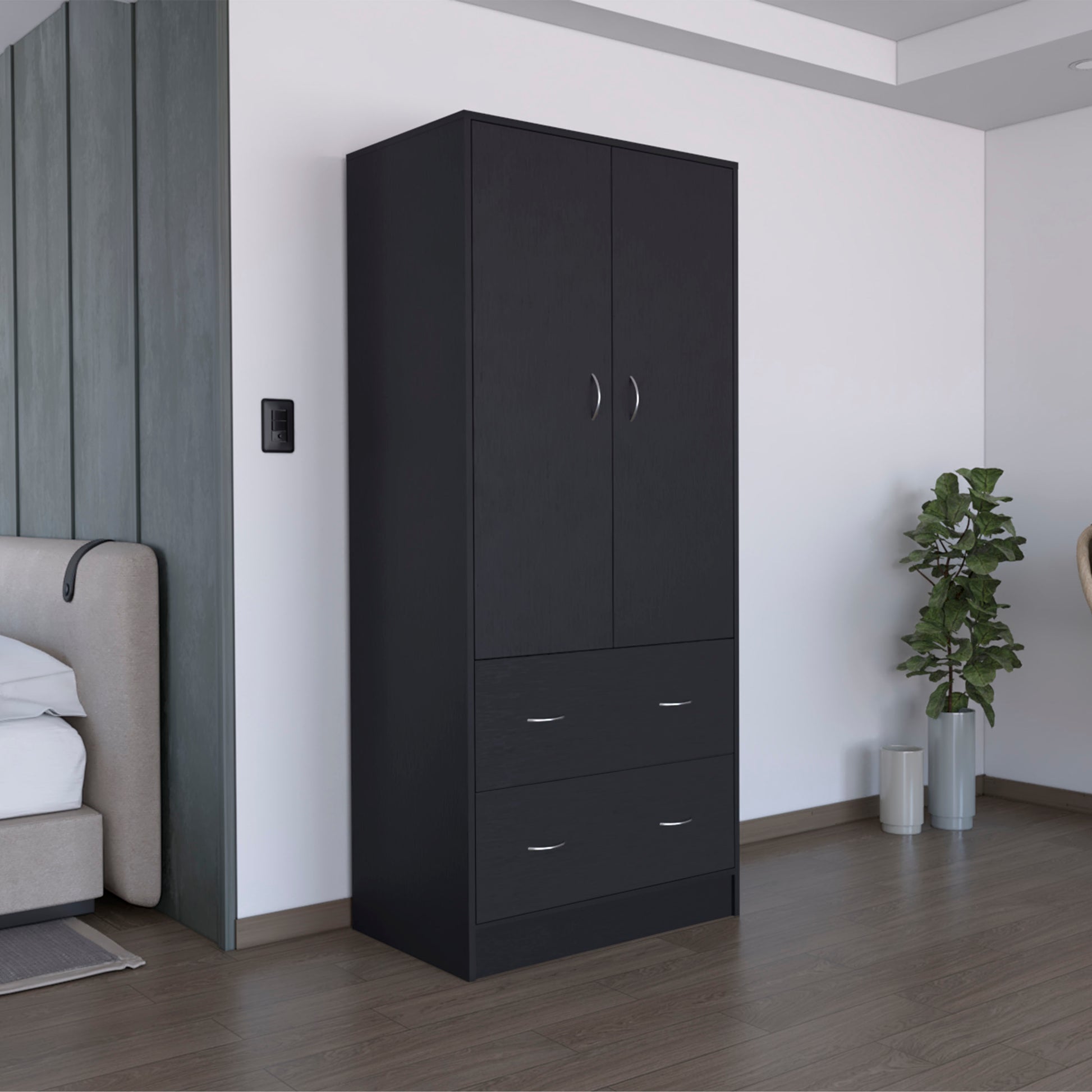 71" H Armoire with Two Doors, Two Drawers, and Hanging Rod,Black