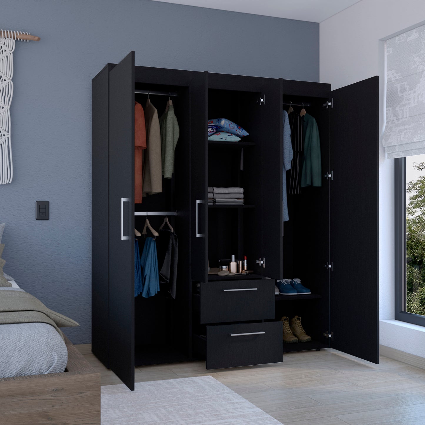 Black 60" Wide Dresser with 2 Rods & Drawers
