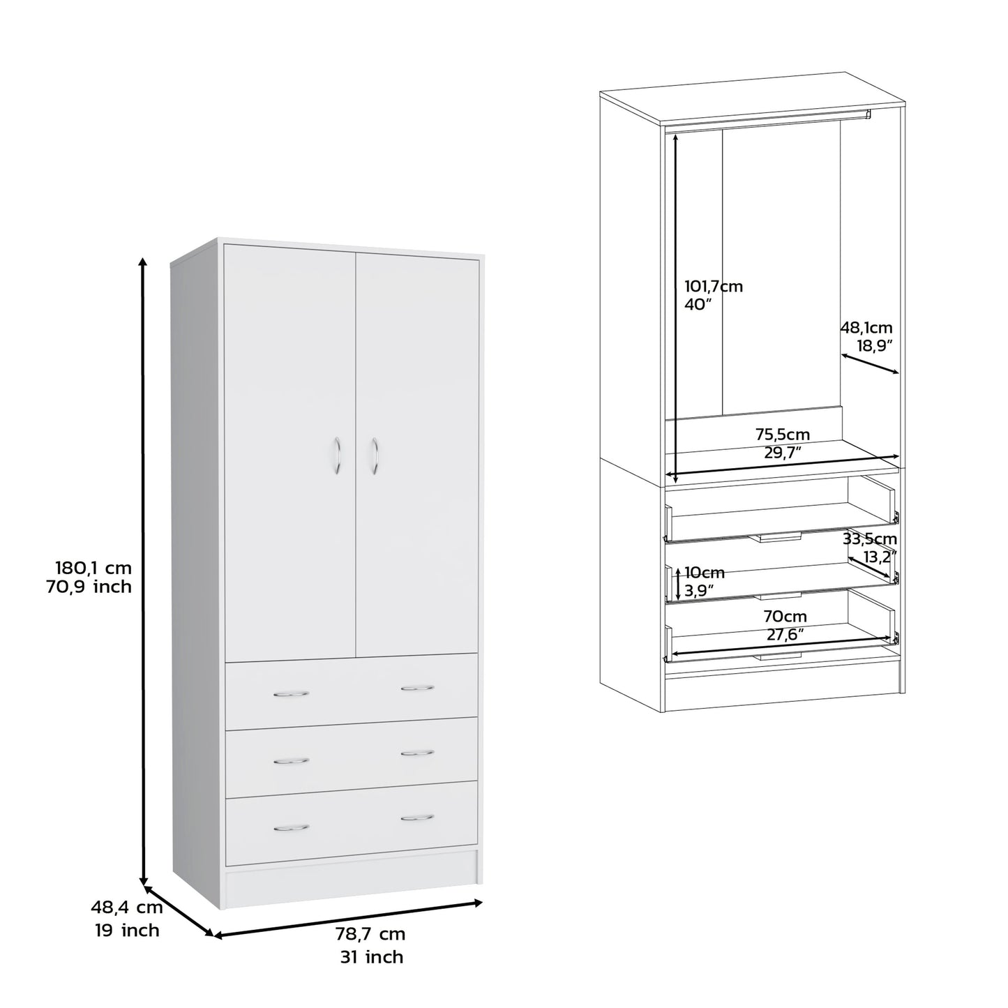 White Engineered Wood Armoire - 71" Tall Dresser