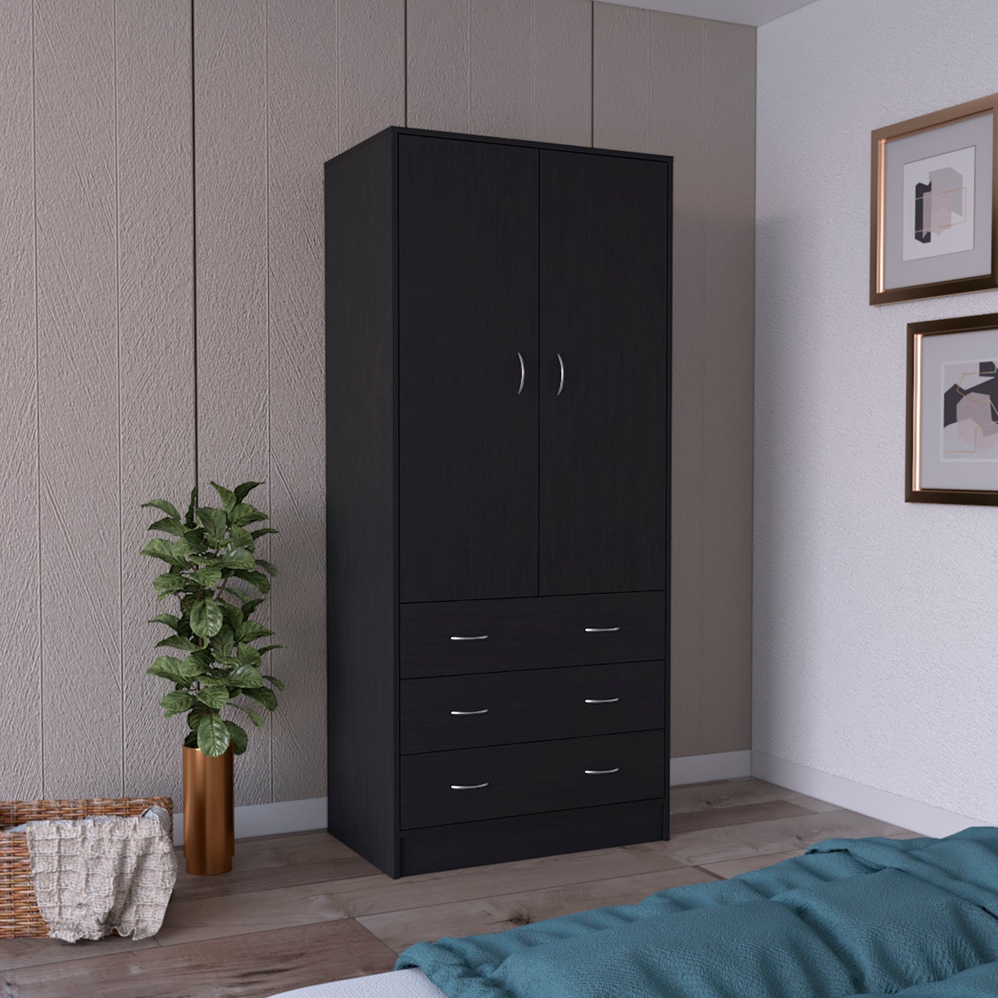 Black Armoire with Hanging Rod - 71" Storage Dresser