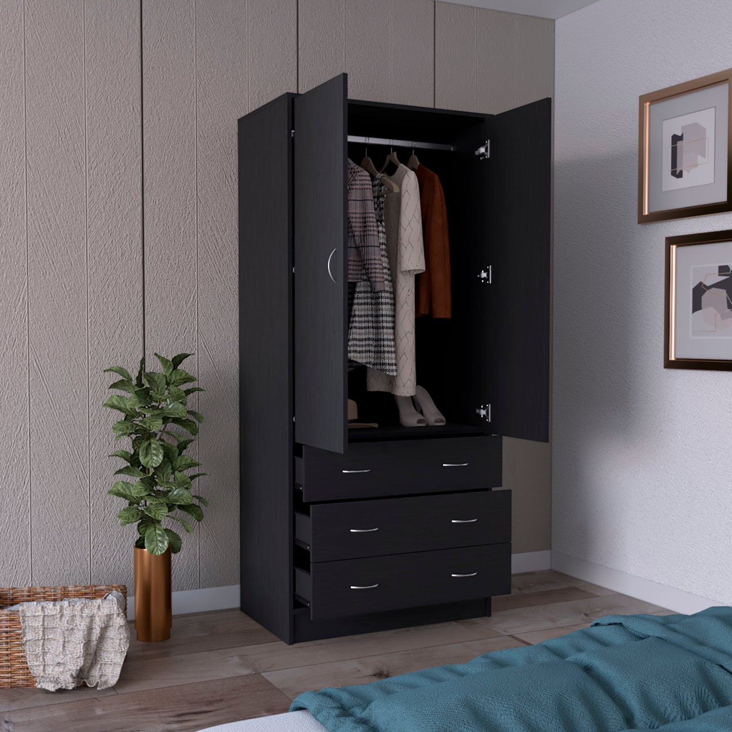Black Armoire with Hanging Rod - 71" Storage Dresser