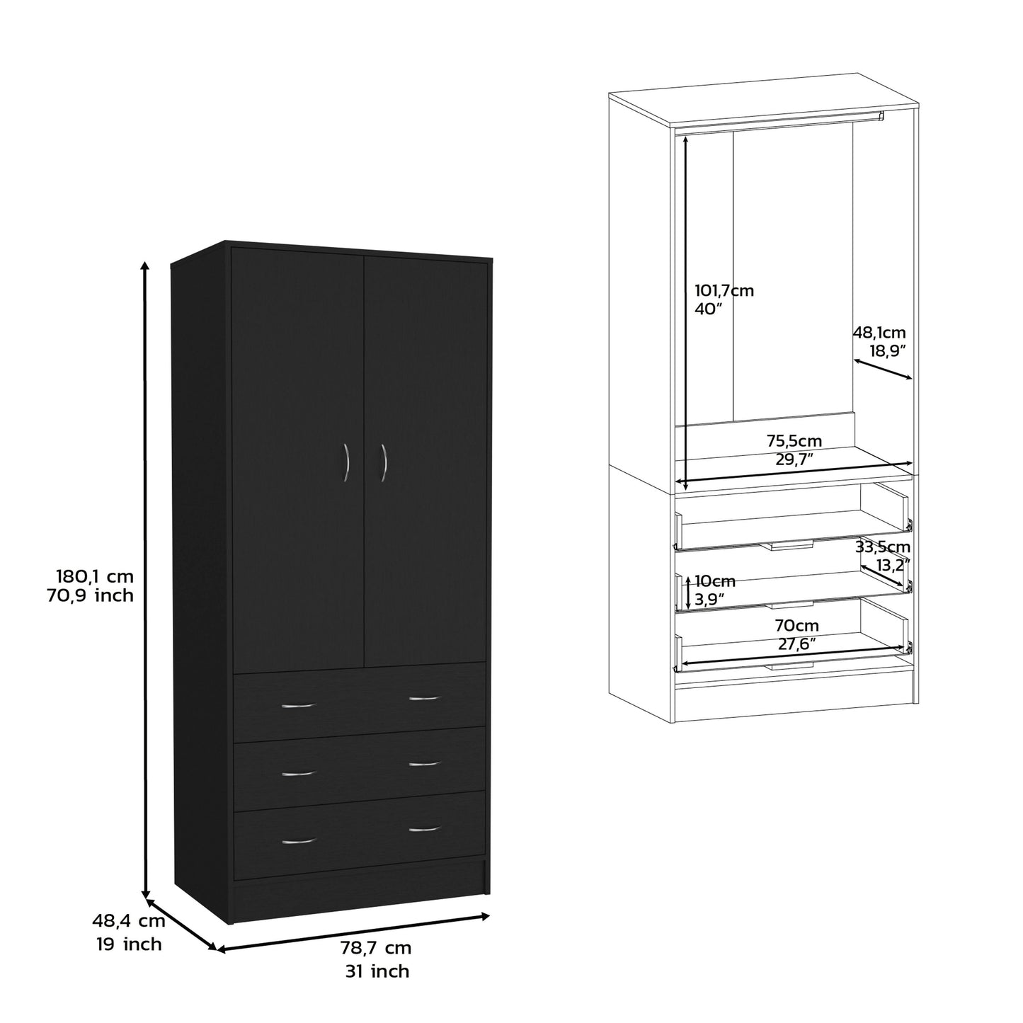 Black Armoire with Hanging Rod - 71" Storage Dresser
