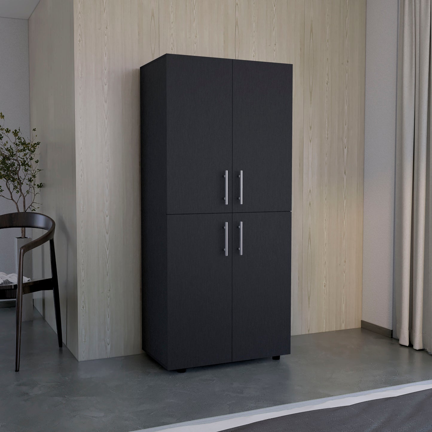 Armoire Wardrove 70" H, Double Doors, 6 Shelves, 2 Hanging Rods, Black