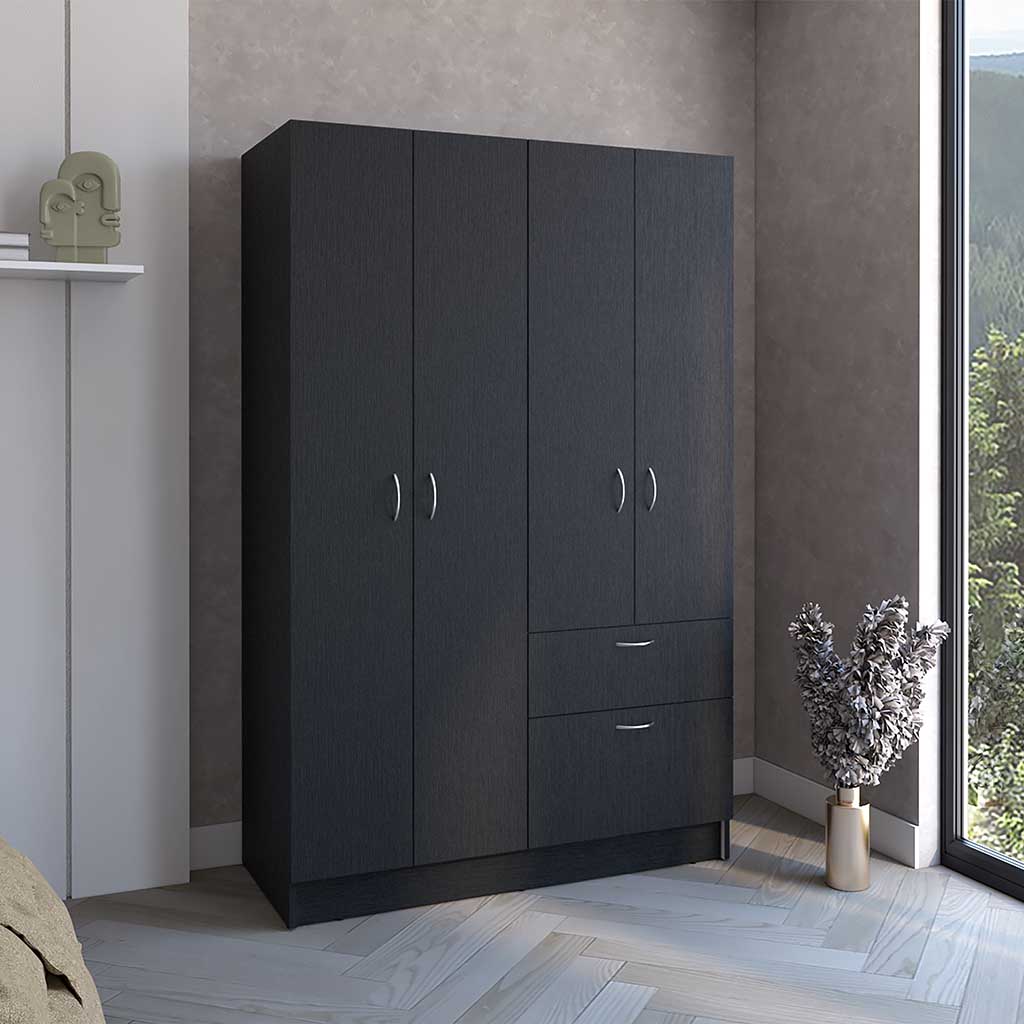 Armoire, Double Door Cabinet, One Drawer, Five Interior Shelves, Rod, Black / White