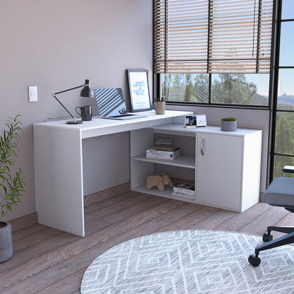 L-Shaped Desk, Single Door Cabinet, Two Open Shelves, Two Interior Shelves, White