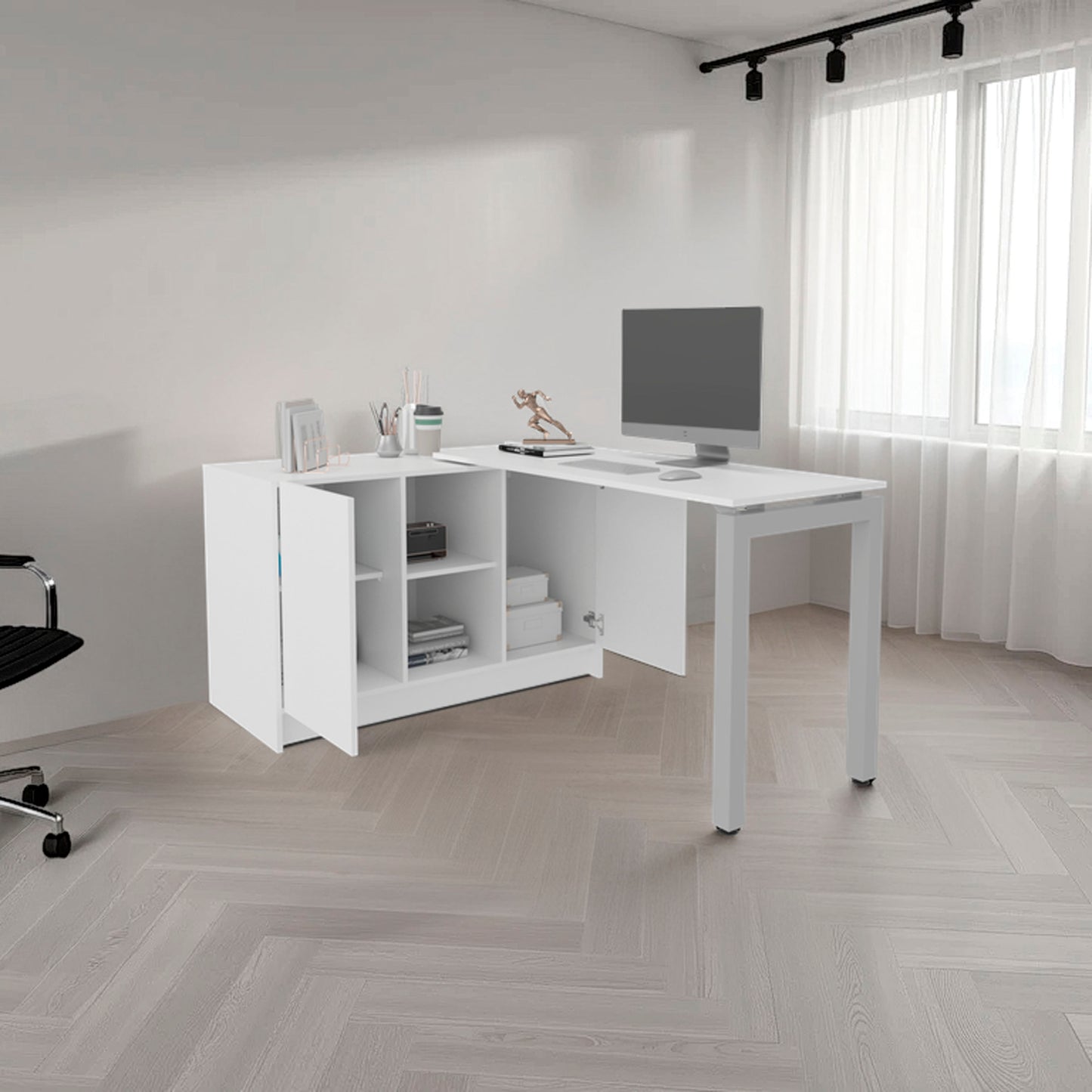 Rotating L-Shaped Office Desk - White, 42.9" x 59.4" for Home Office
