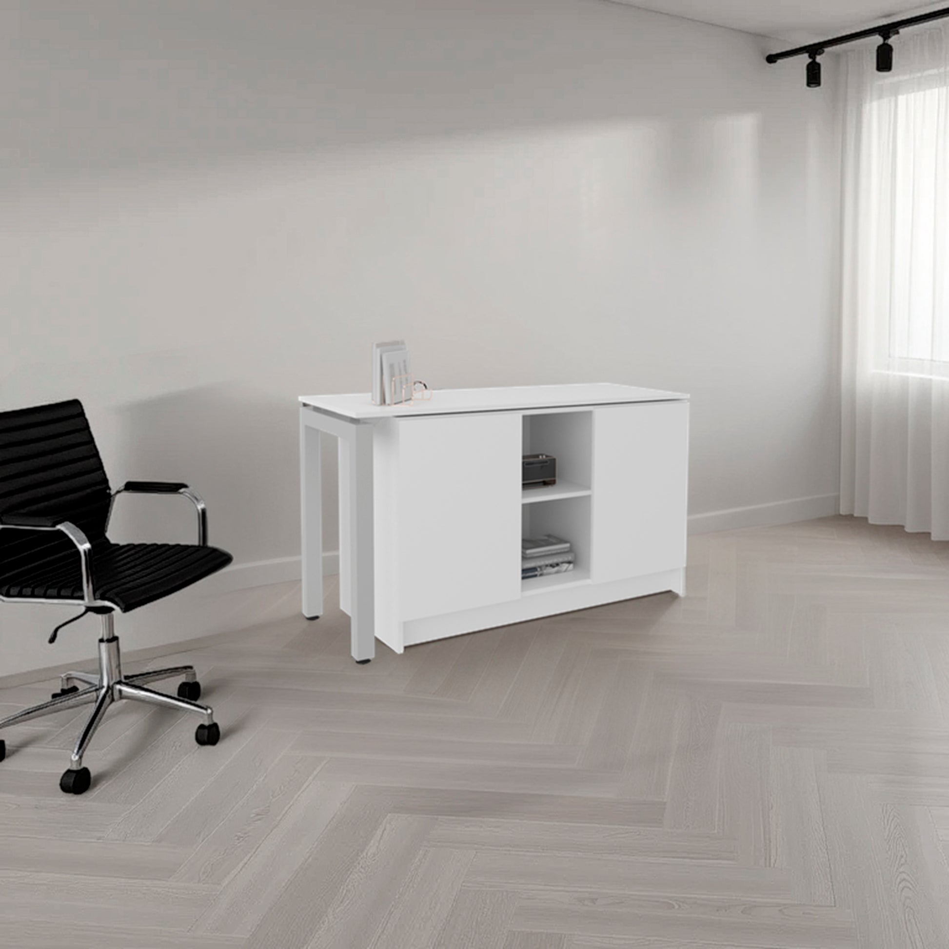 Desk 28.5" H, 2 Doors, 5 Shelves, 2 Legs, White - Home Office