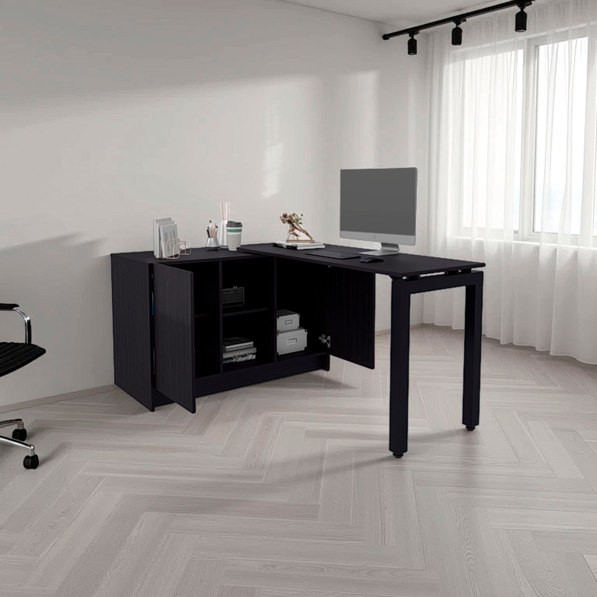 Black L-Shaped Desk with Storage - 42" W x 59.4" D for Home Office