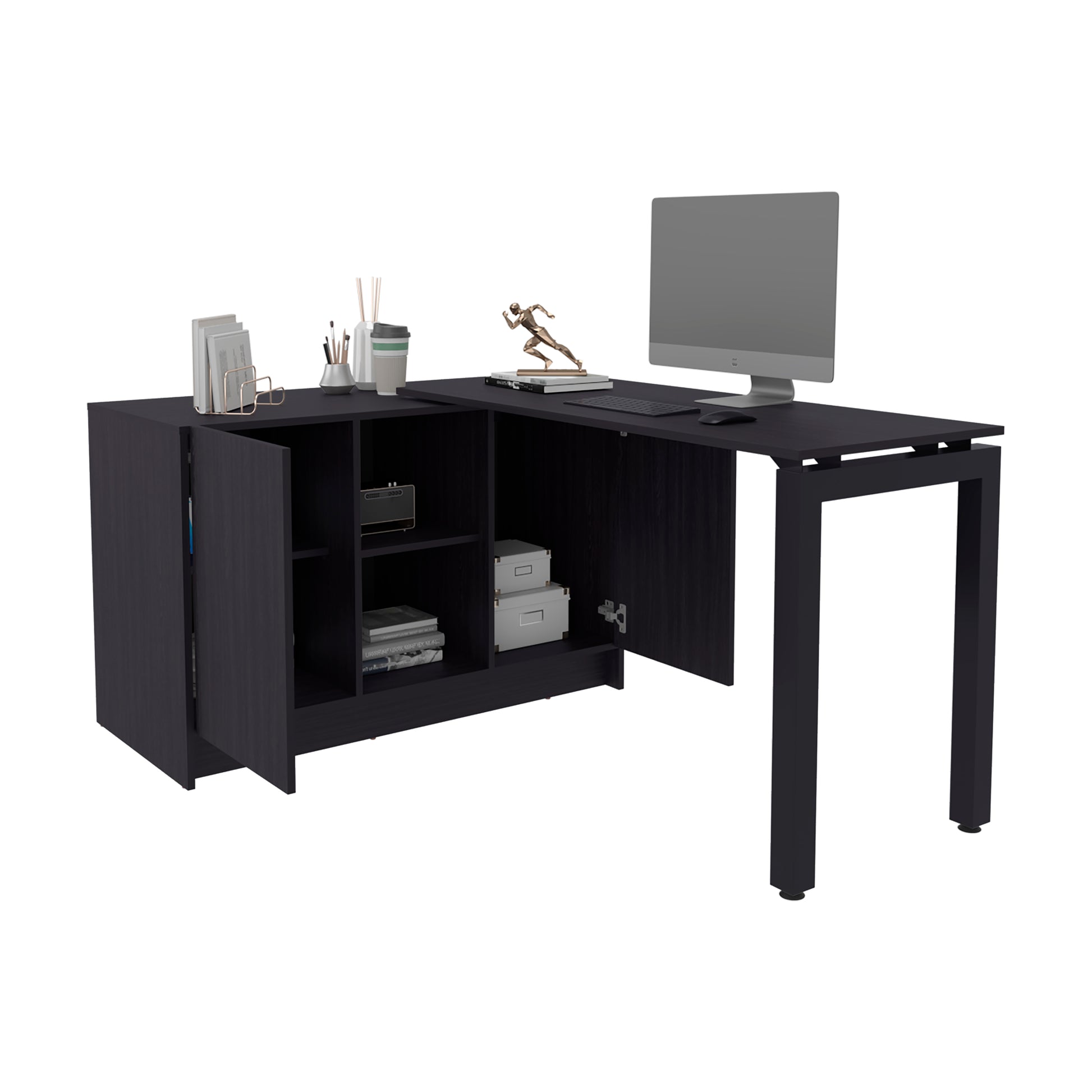 Black L-Shaped Desk with Storage - 42" W x 59.4" D for Home Office