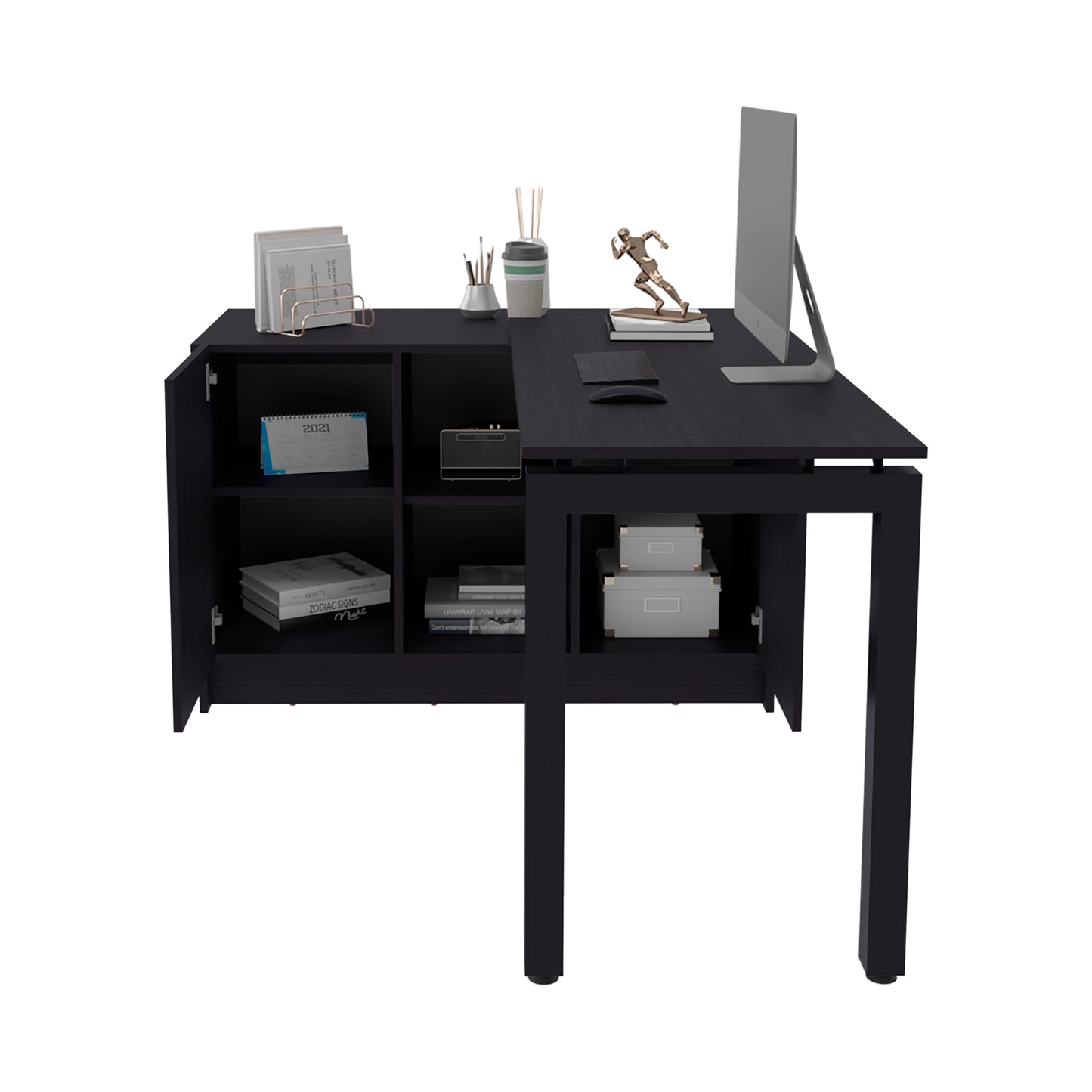 Black L-Shaped Desk with Storage - 42" W x 59.4" D for Home Office