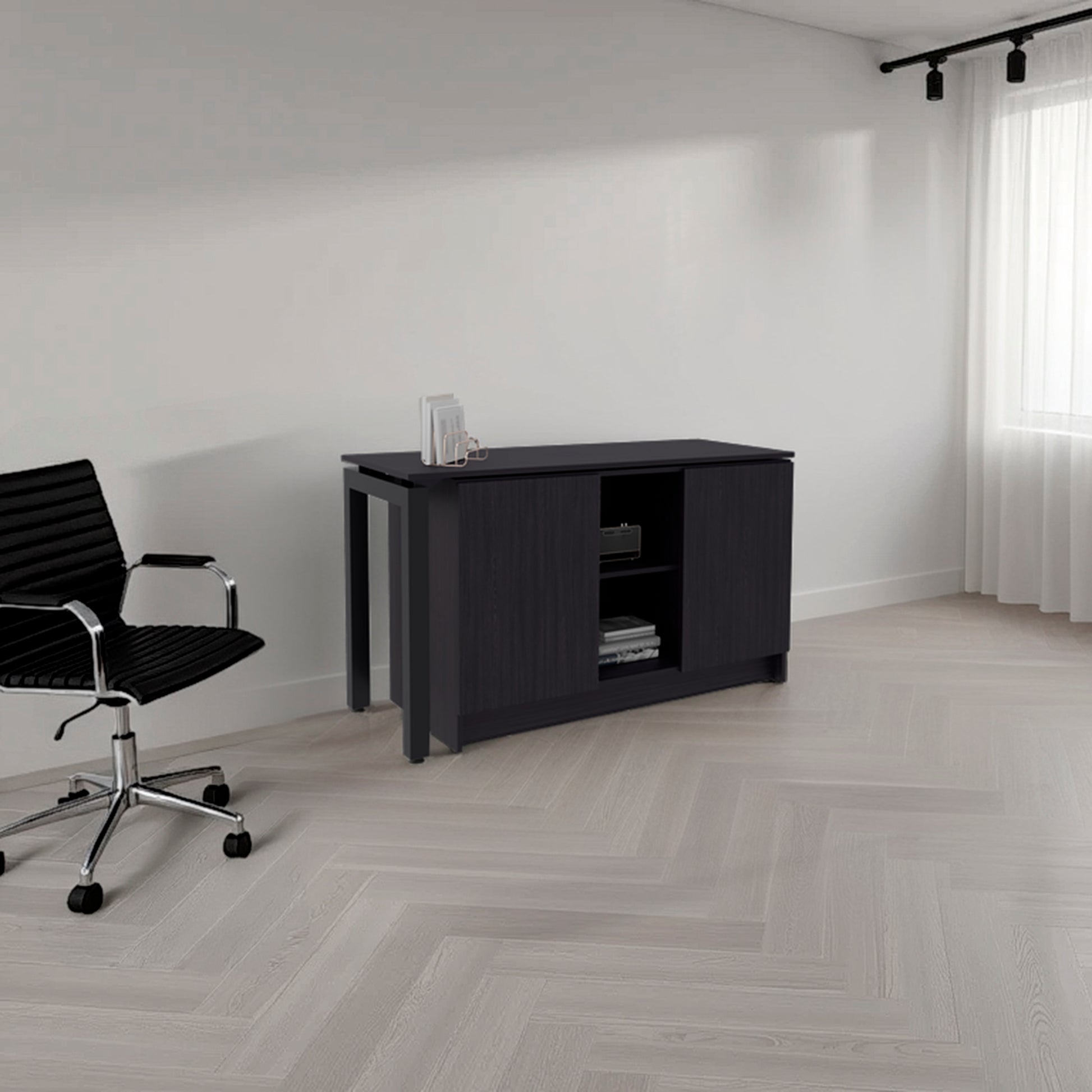 Desk 28.5" H, 2 Doors, 5 Shelves, 2 Legs, Black Wengue - Home Office