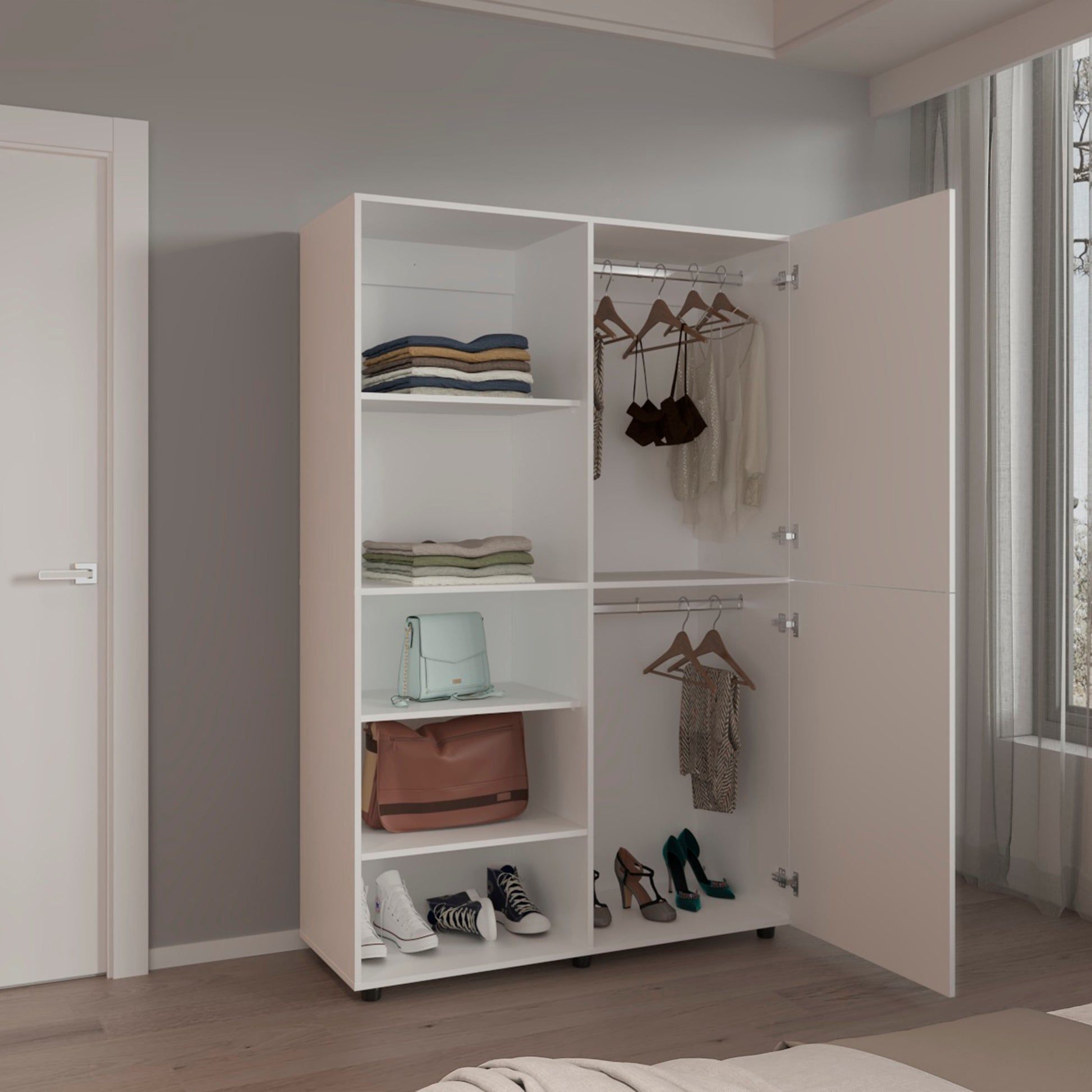 White 72" Wardrobe with 5 Shelves & Hanging Rod - Bedroom Storage