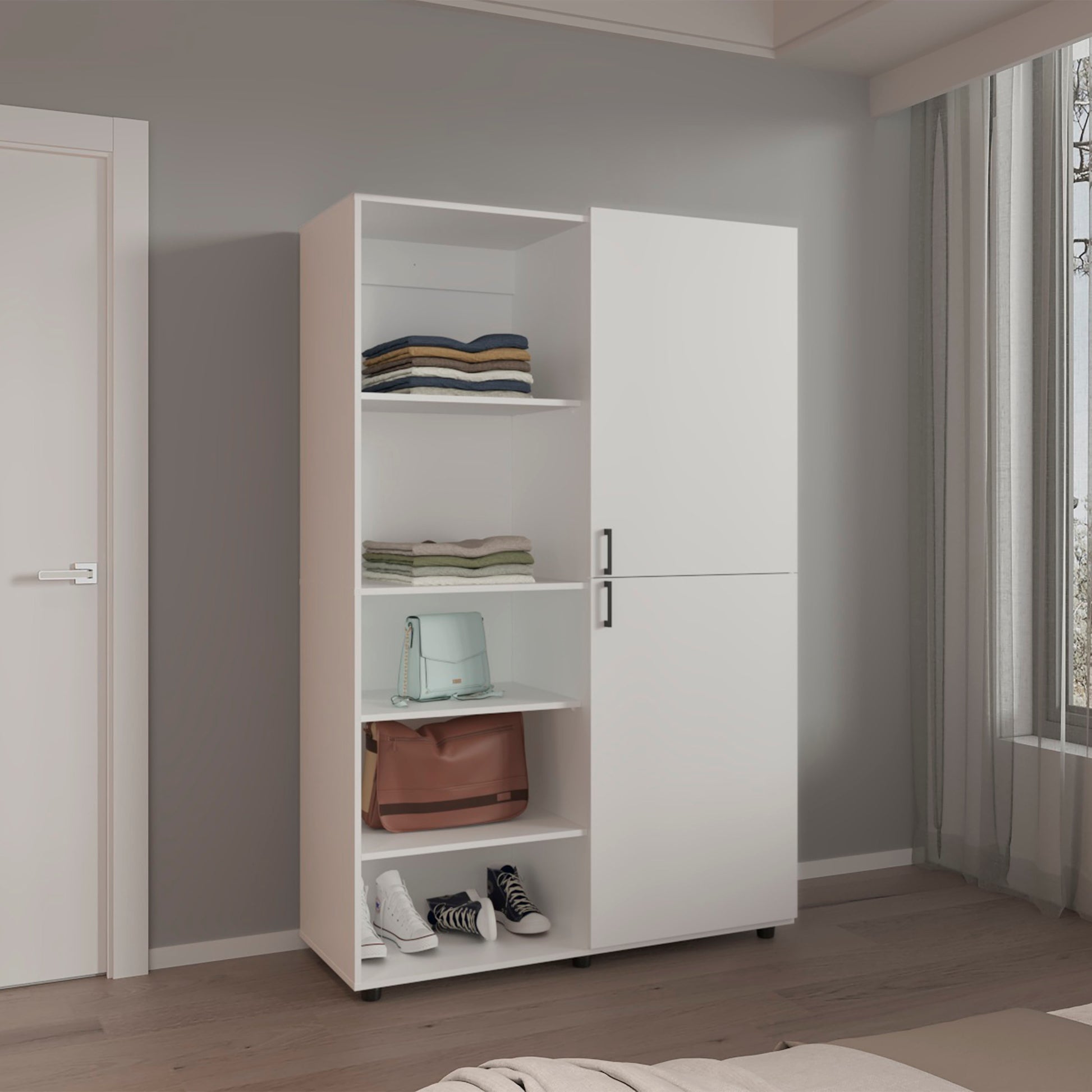 Wardrobe 72.4" H, 2 Doors, 6 Legs, 5 Shelves, White - Wardrobe