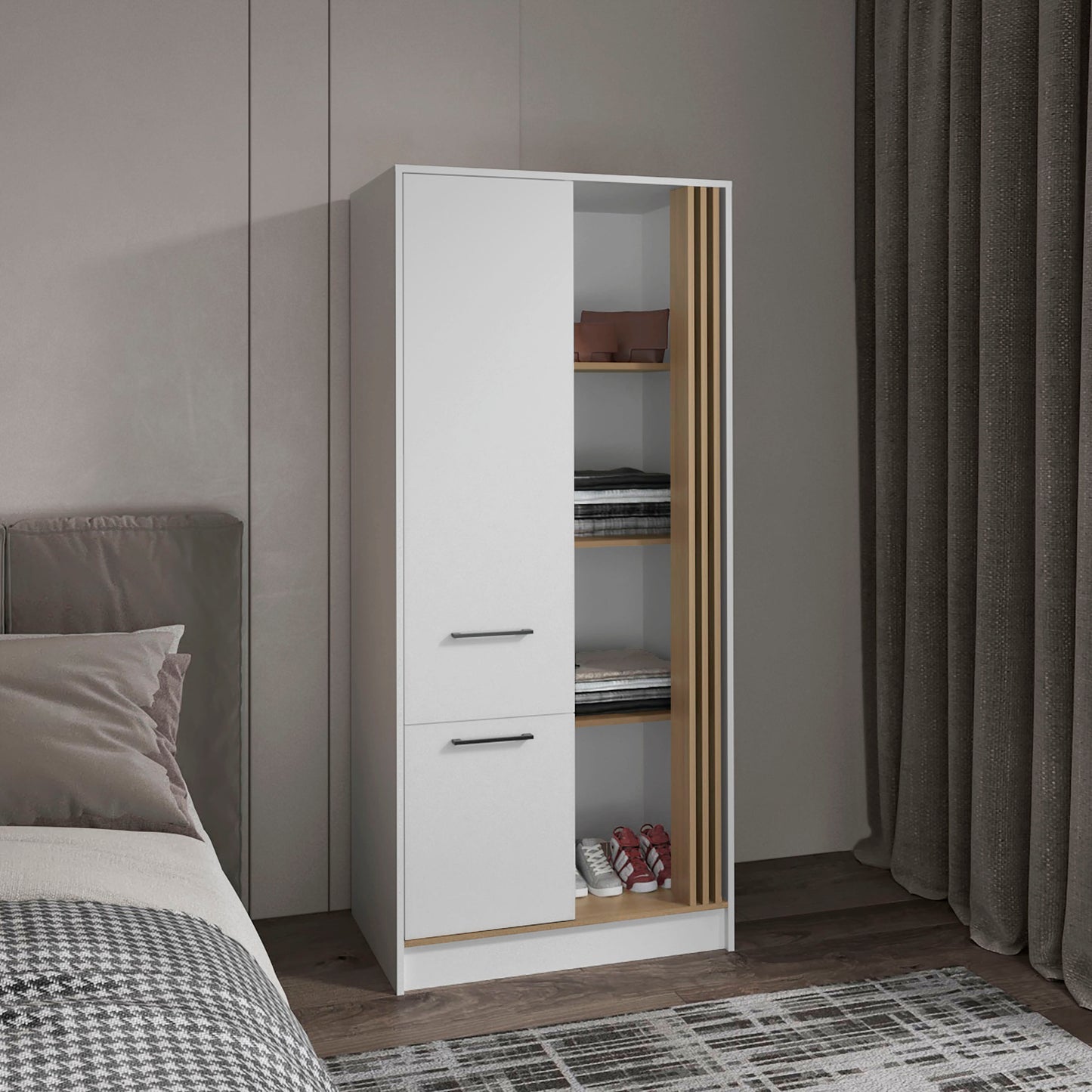 Armoire 70.8" H, 1 Door, 1 Drawer, 4 Shelves, White/Natural Oak - Bedroom