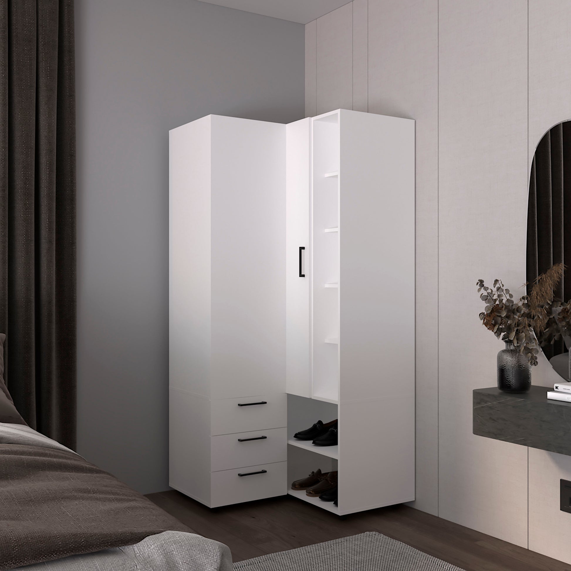 Armoire 70.9" H, 1 Door, 3 Drawers, 7 Shelves, 10 Legs, White - Bedroom