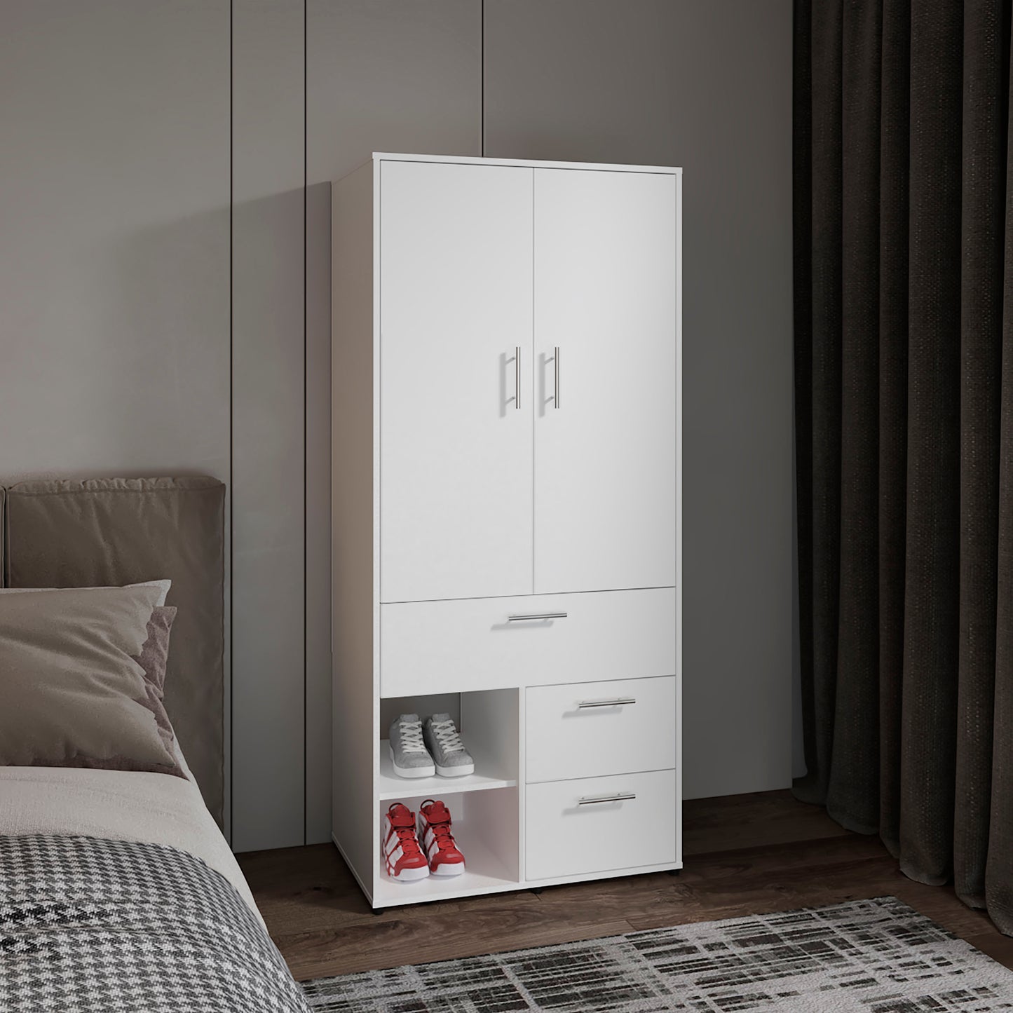 Armoire 70.90" H, 2 Doors, 3 Drawers, 2 Shelves, 6 Legs, White - Bedroom