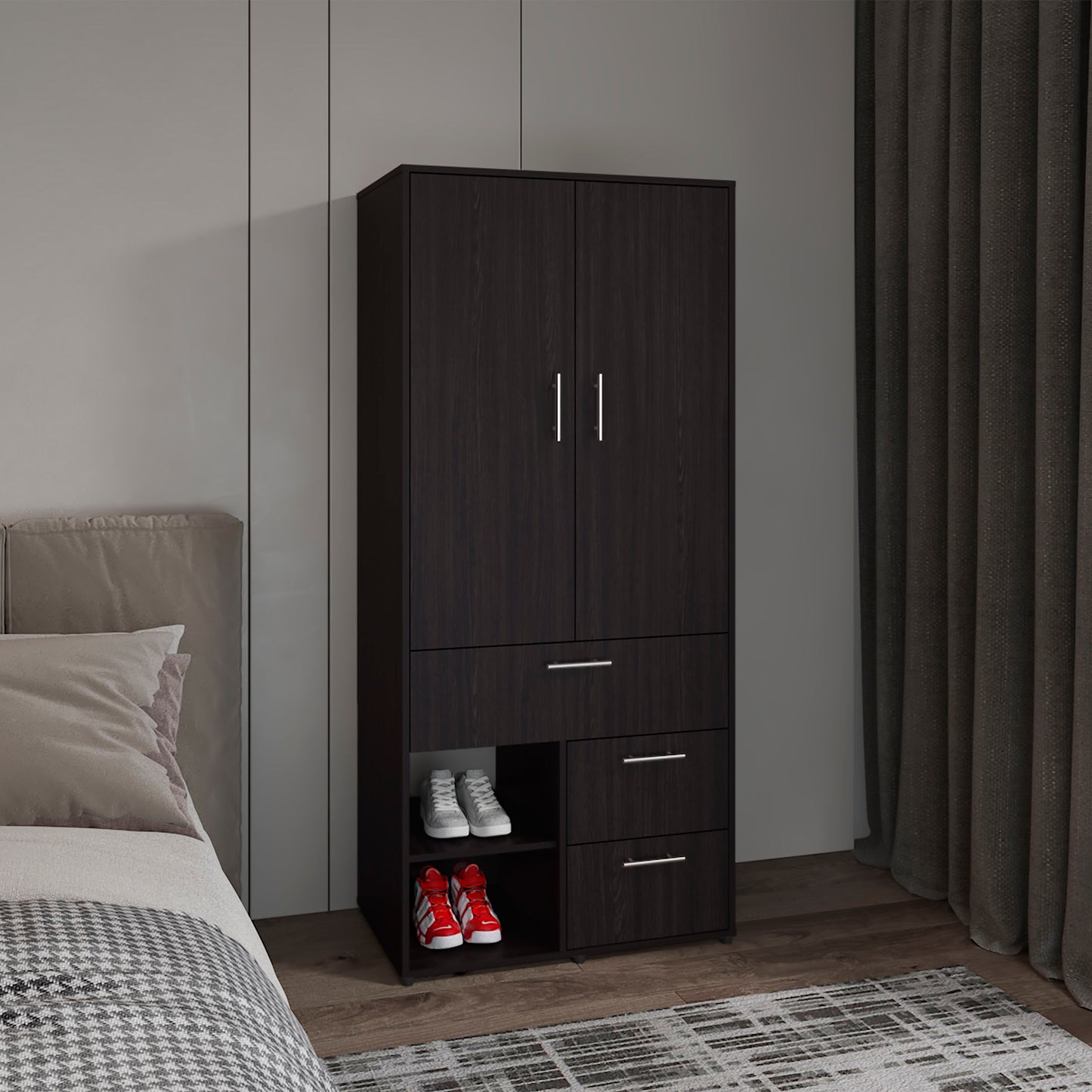 Armoire 70.90" H, 2 Doors, 3 Drawers, 2 Shelves, 6 Legs, Black Wengue - Bedroom