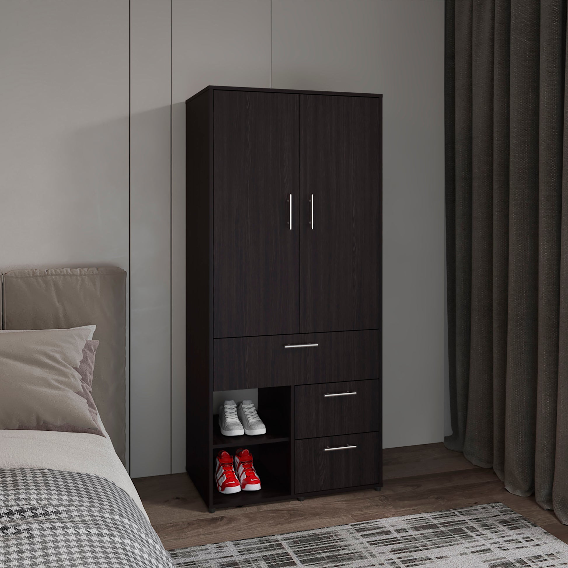 Armoire 70.90" H, 2 Doors, 3 Drawers, 2 Shelves, 6 Legs, Black Wengue - Bedroom