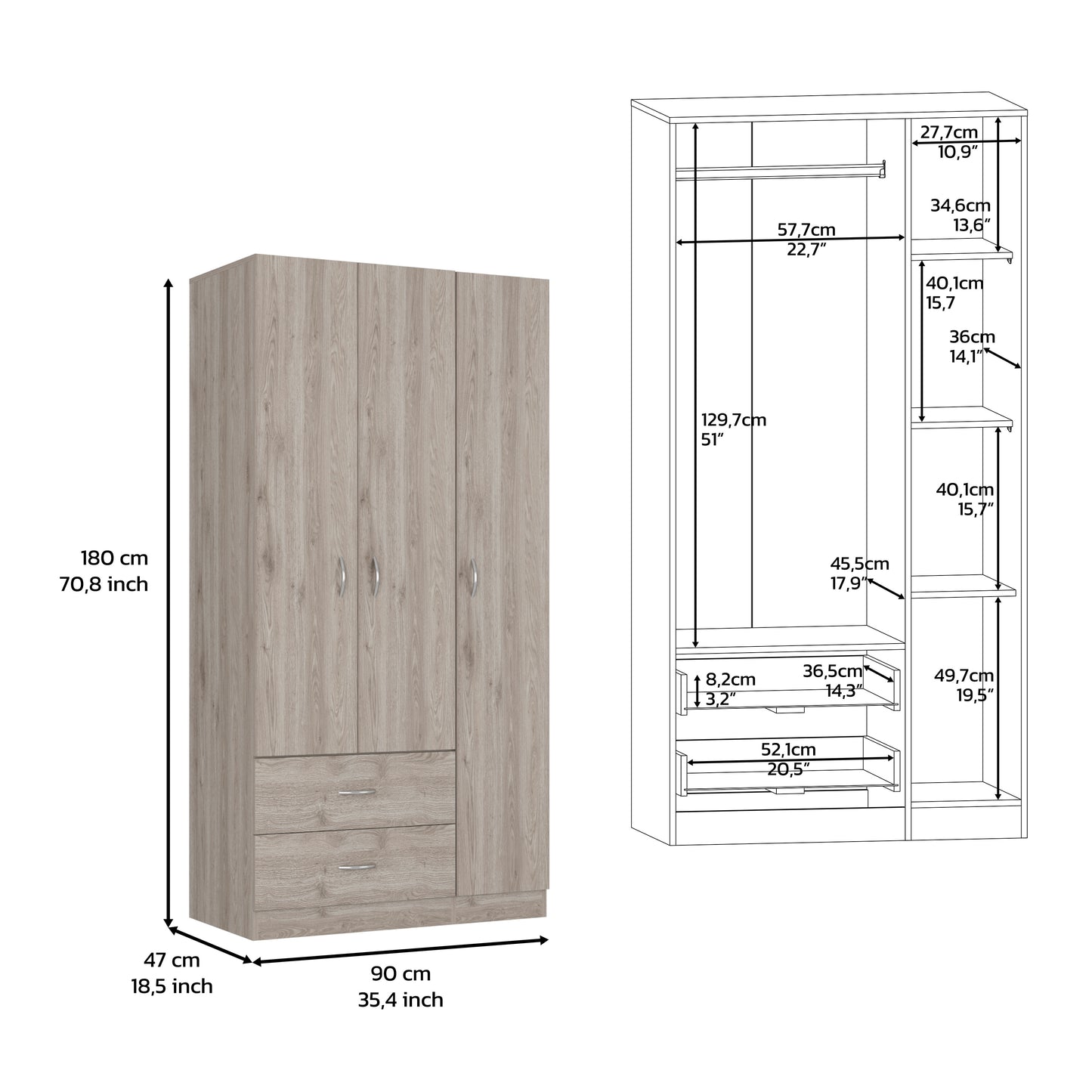 Light Gray 70.8" Bedroom Dresser with 5 Shelves & Hanging Rod
