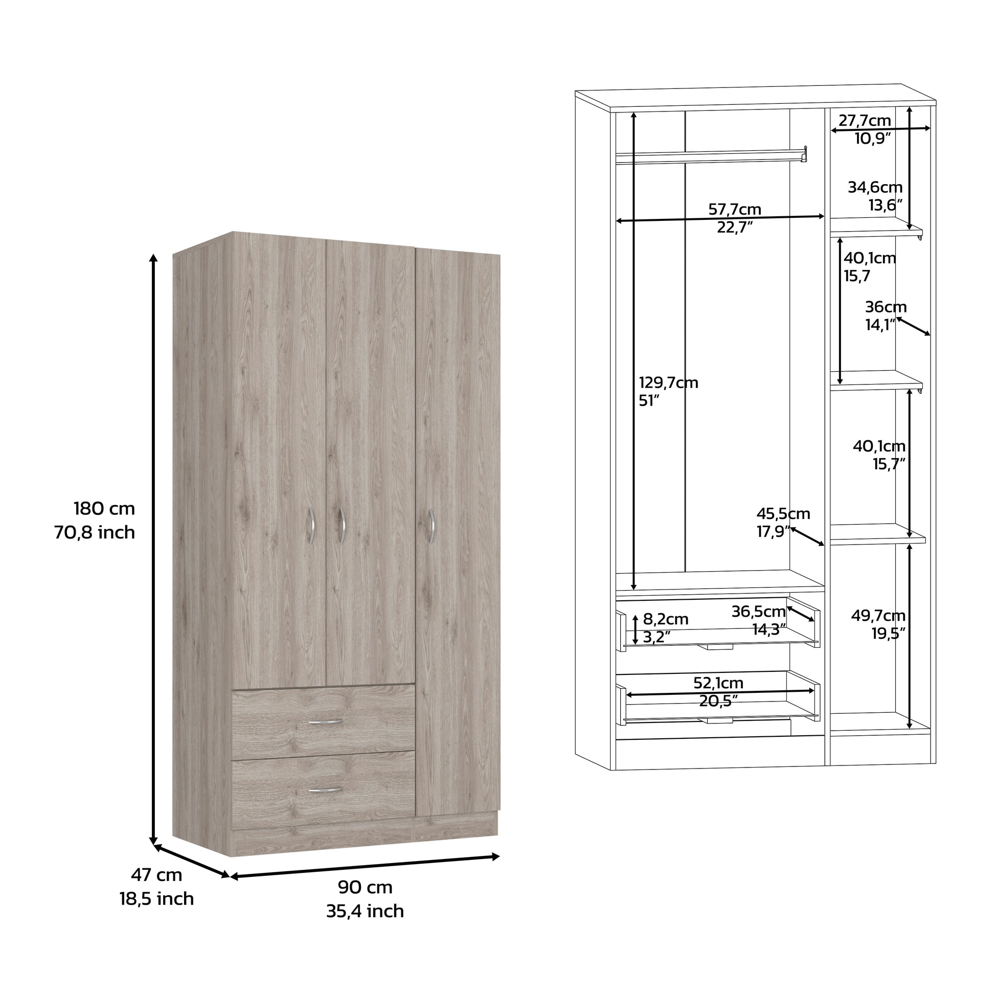 Light Gray 70.8" Bedroom Dresser with 5 Shelves & Hanging Rod