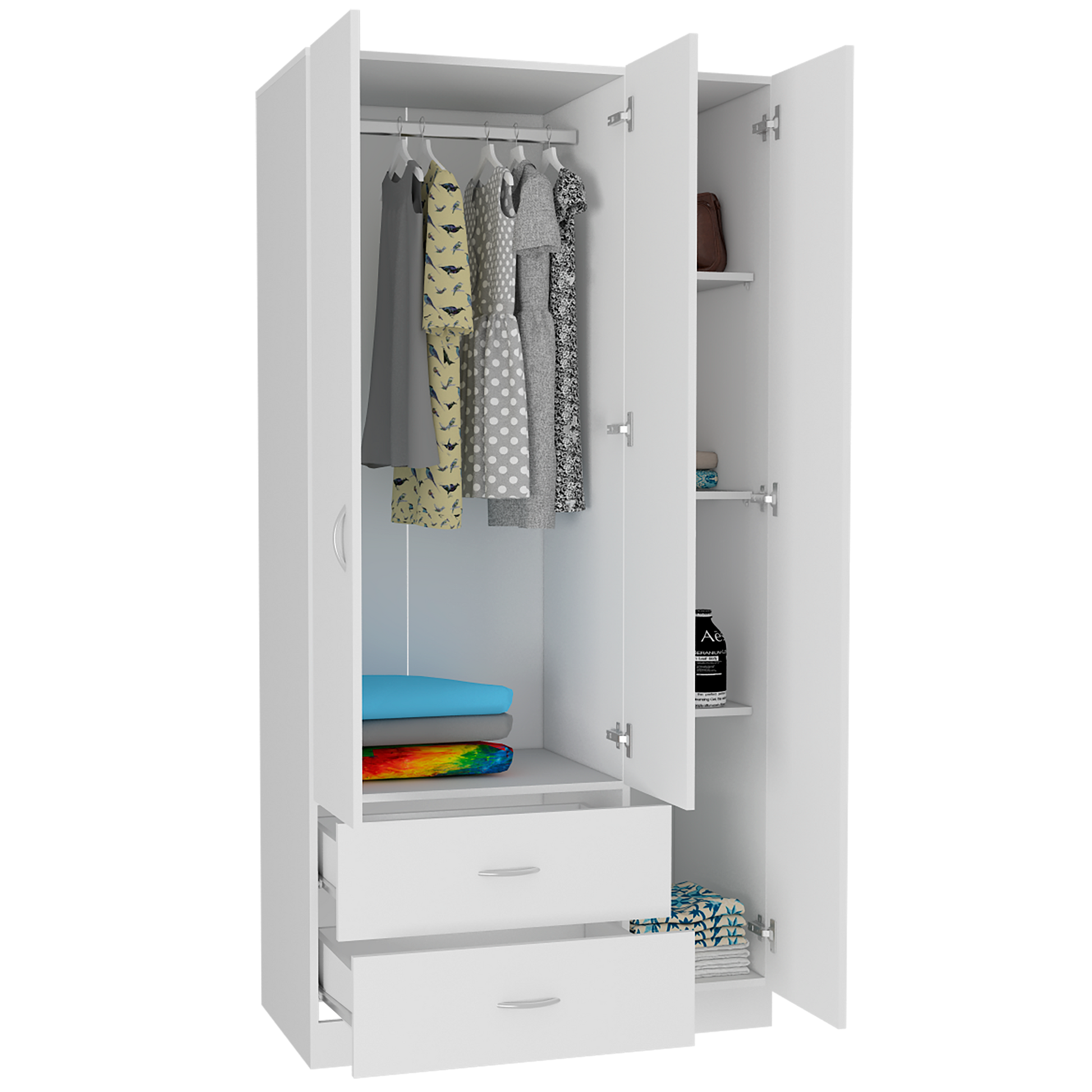 White 3-Door Wardrobe with Hanging Rod & Shelves for Bedroom