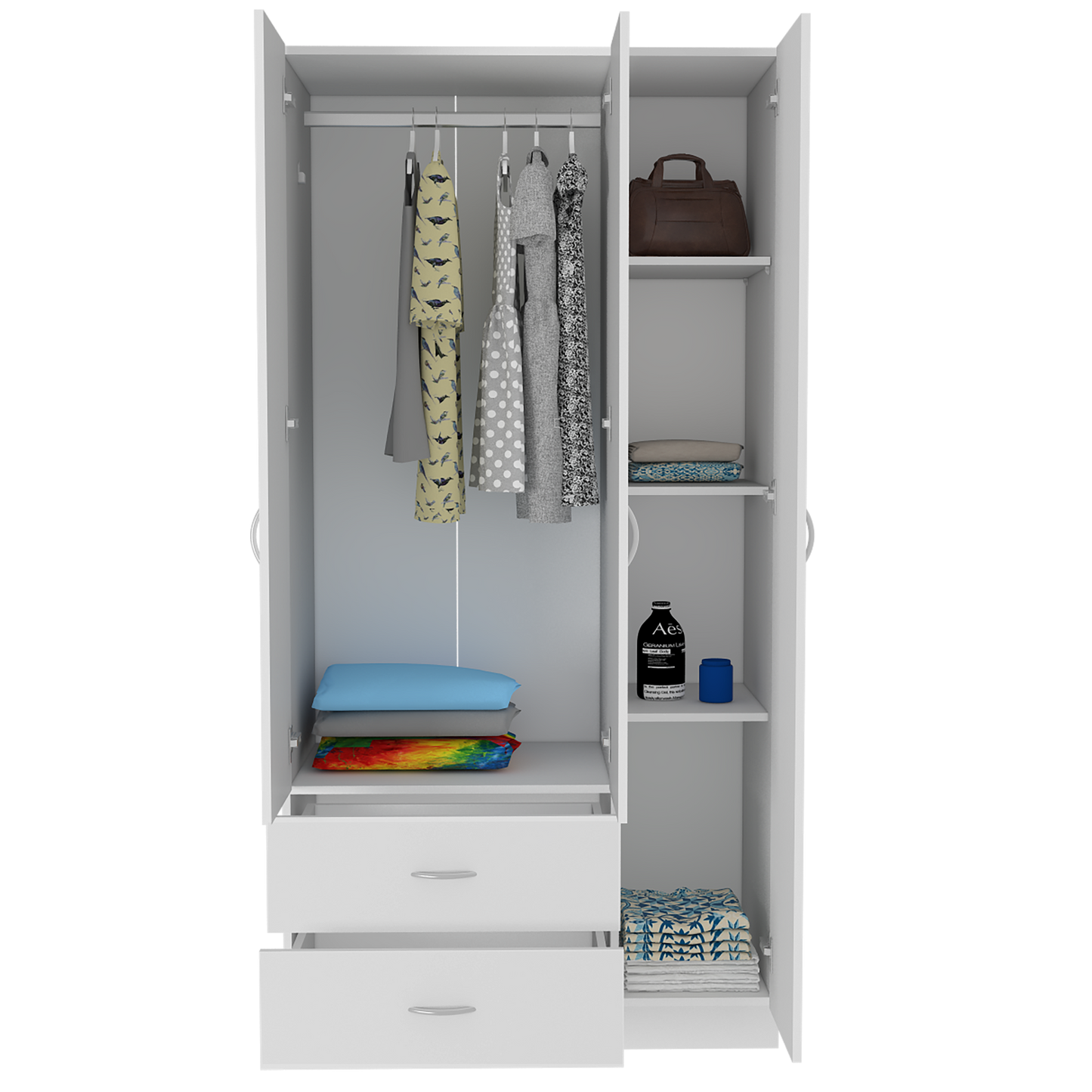 White 3-Door Wardrobe with Hanging Rod & Shelves for Bedroom