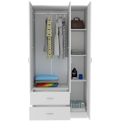 White 3-Door Wardrobe with Hanging Rod & Shelves for Bedroom