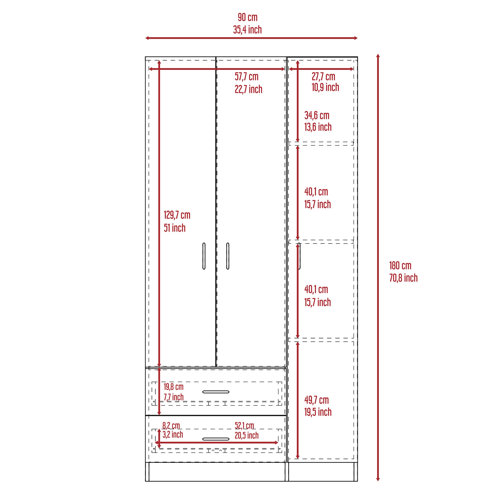 White 3-Door Wardrobe with Hanging Rod & Shelves for Bedroom