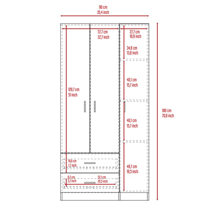 White 3-Door Wardrobe with Hanging Rod & Shelves for Bedroom