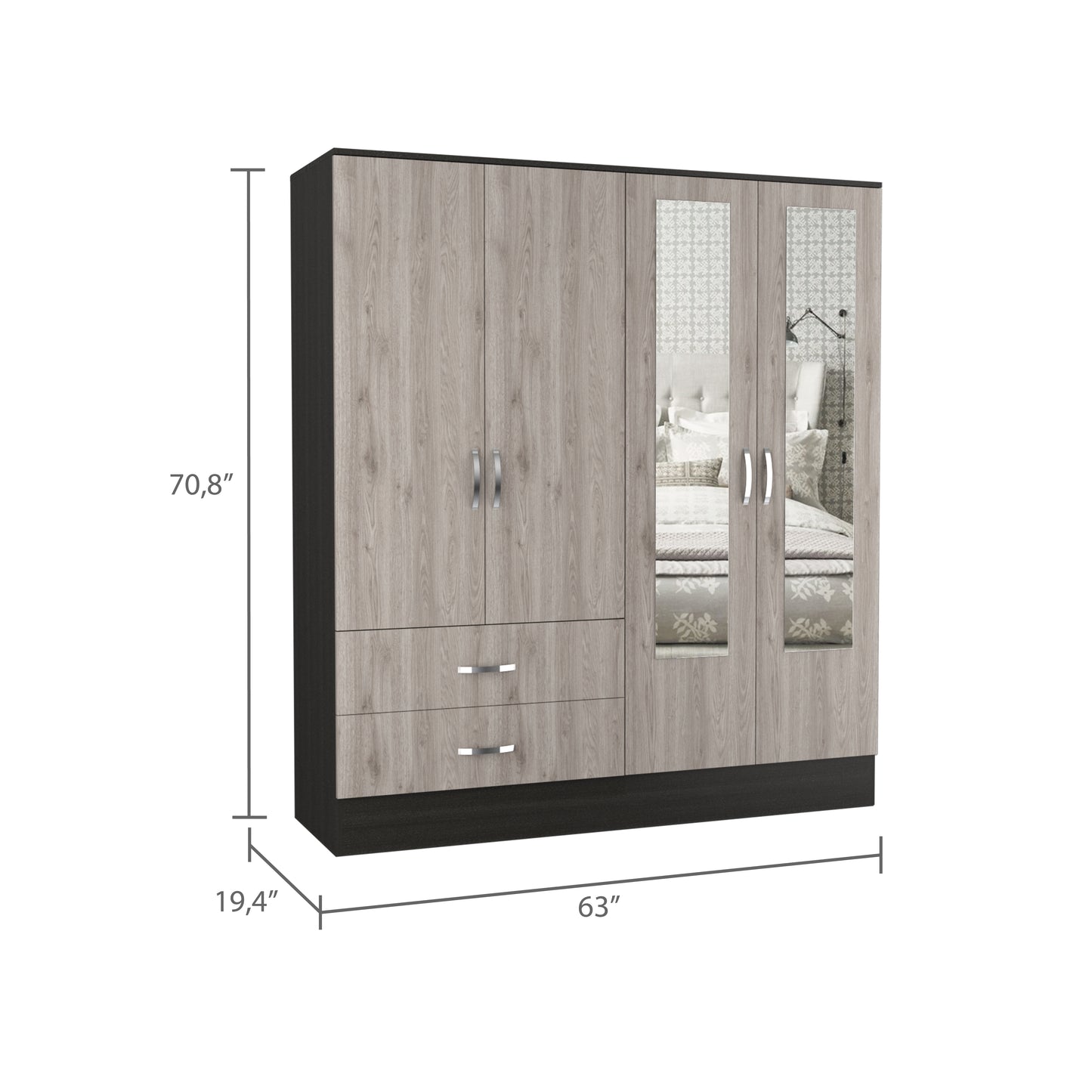 Black Grey 4-Door Wardrobe - 19.4 x 63 x 71.1", Storage Armoire