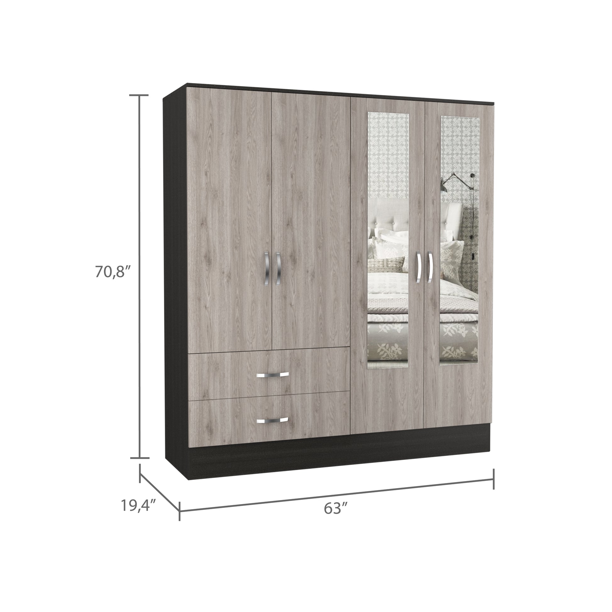 Black Grey 4-Door Wardrobe - 19.4 x 63 x 71.1", Storage Armoire