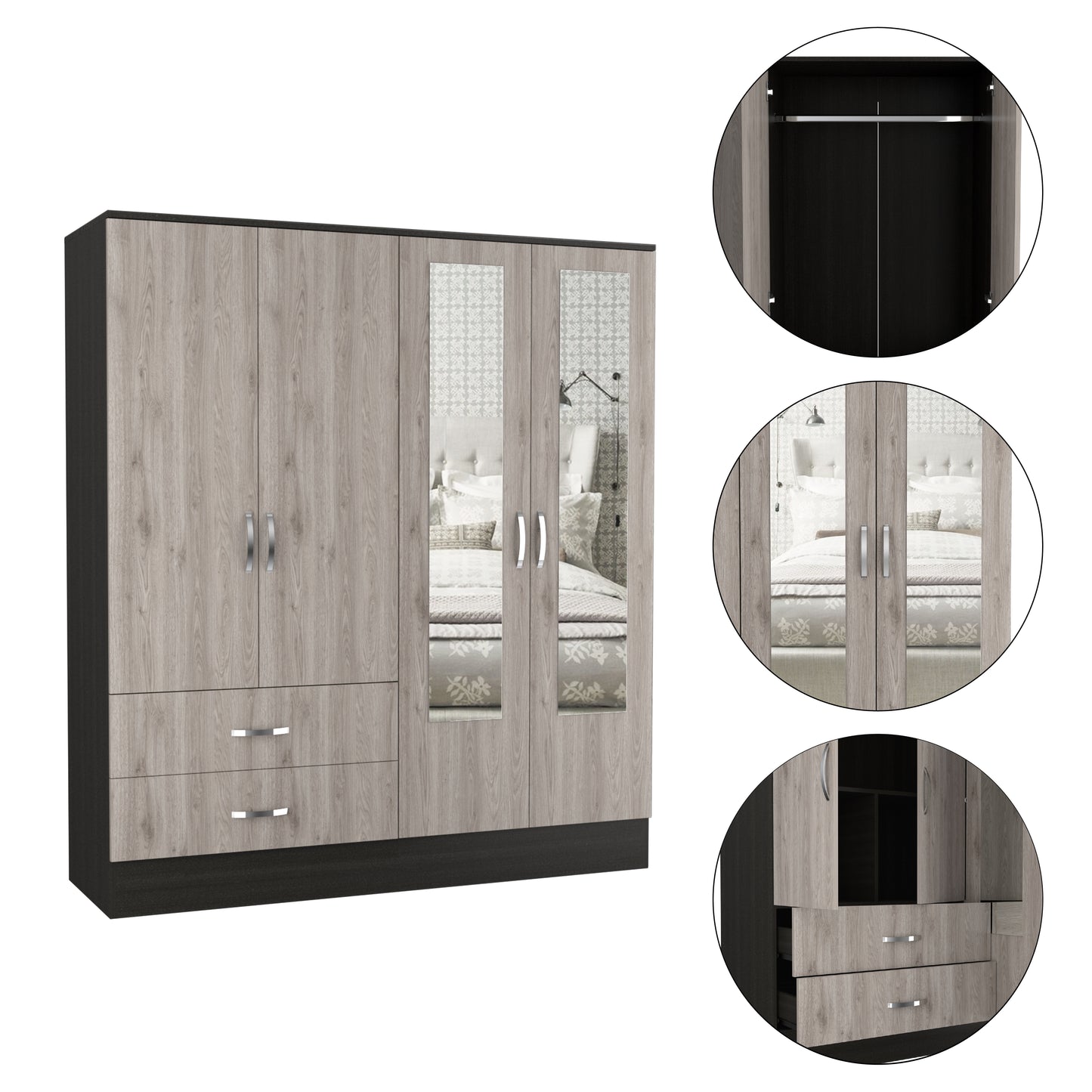 Black Grey 4-Door Wardrobe - 19.4 x 63 x 71.1", Storage Armoire