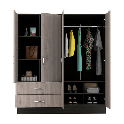 Black Grey 4-Door Wardrobe - 19.4 x 63 x 71.1", Storage Armoire