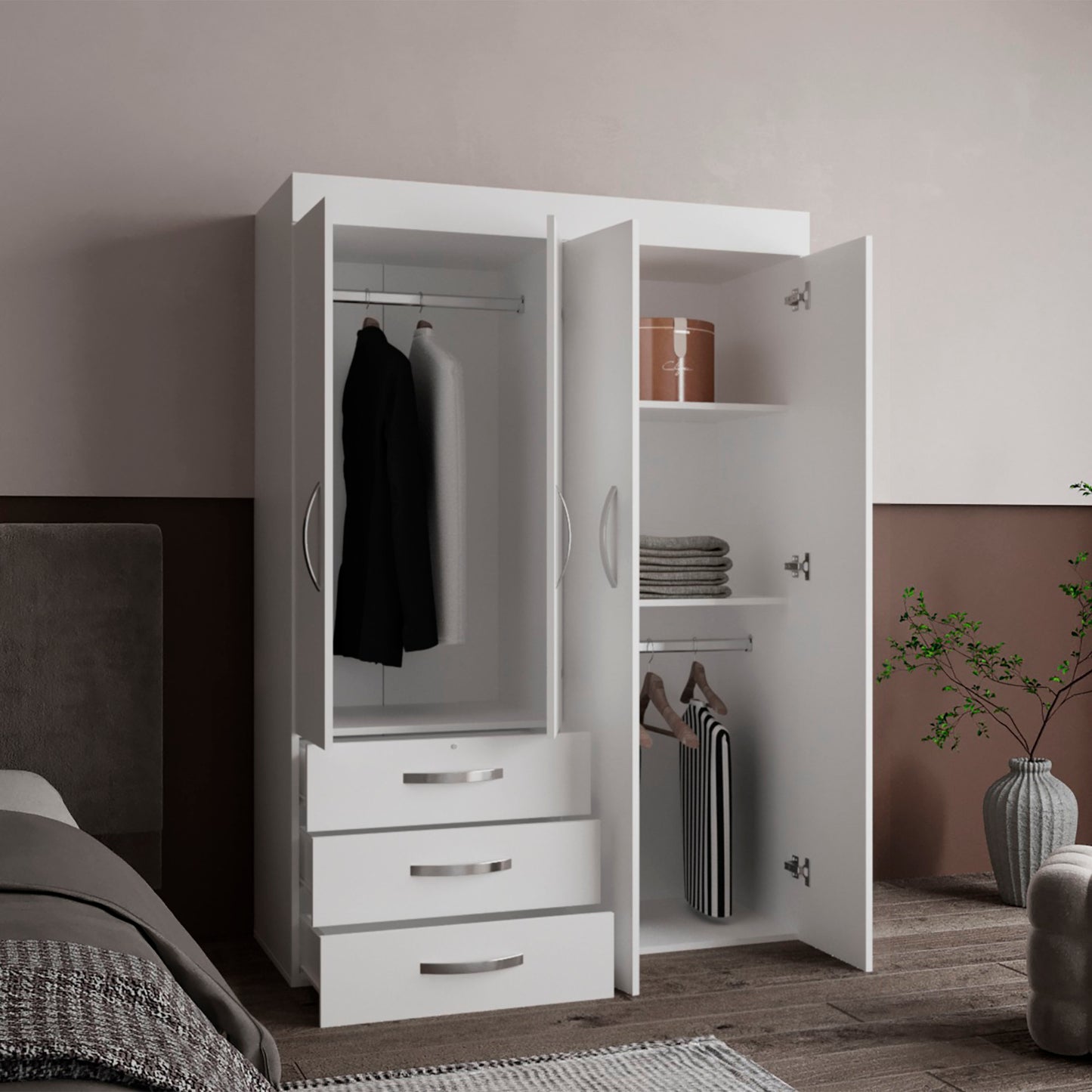 White 4-Door Wardrobe with Drawers & Hanging Rods for Bedroom