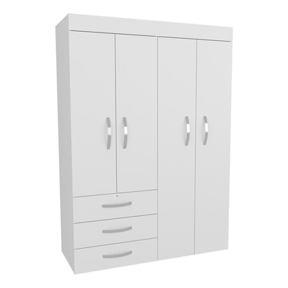 White 4-Door Wardrobe with Drawers & Hanging Rods for Bedroom