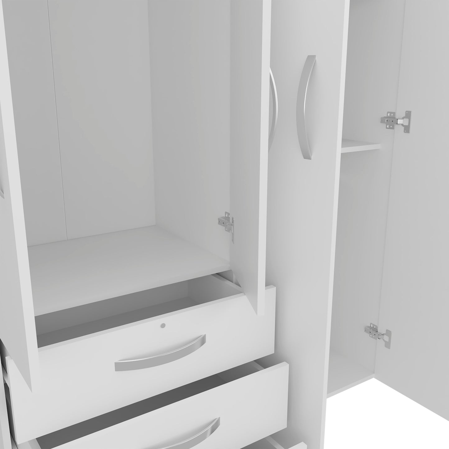 White 4-Door Wardrobe with Drawers & Hanging Rods for Bedroom