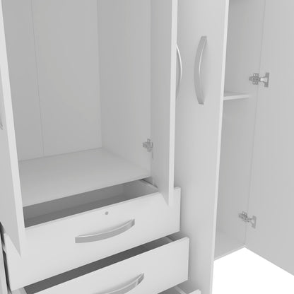 White 4-Door Wardrobe with Drawers & Hanging Rods for Bedroom