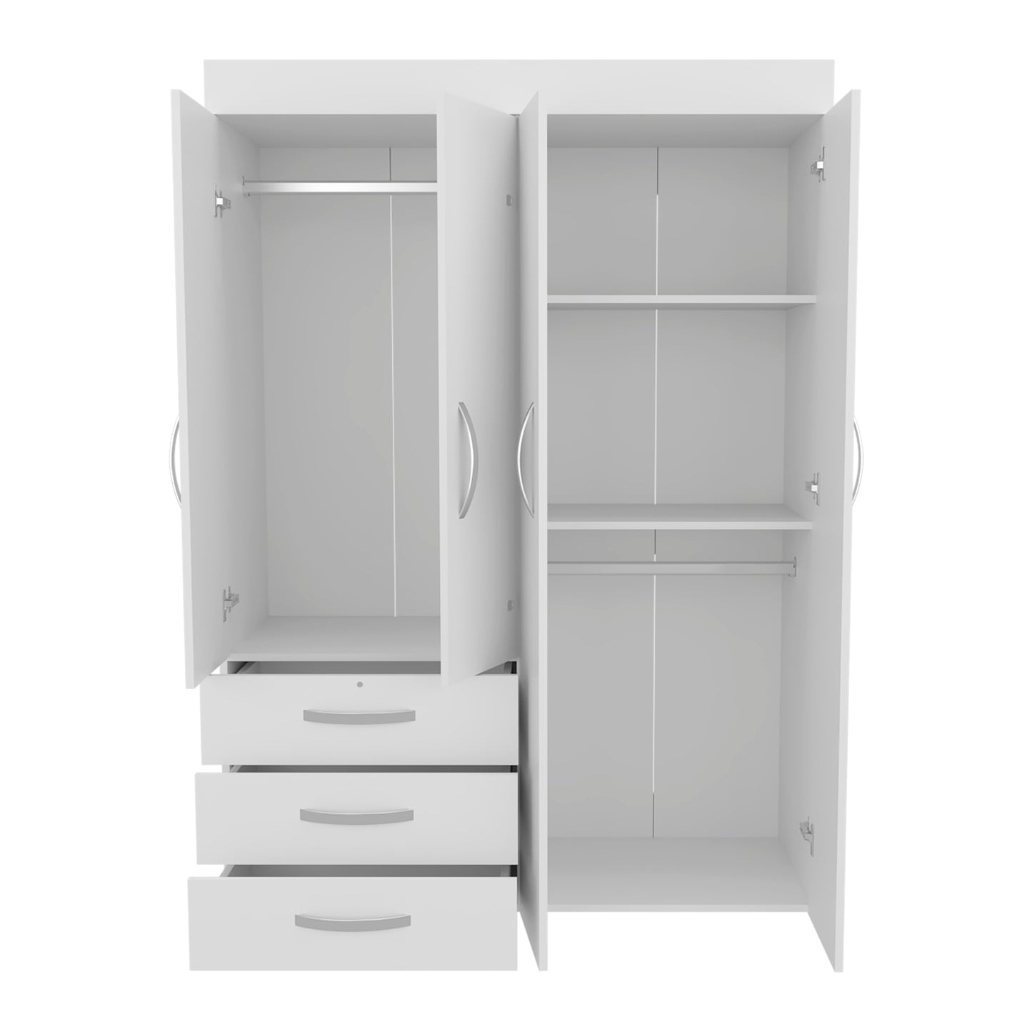 White 4-Door Wardrobe with Drawers & Hanging Rods for Bedroom