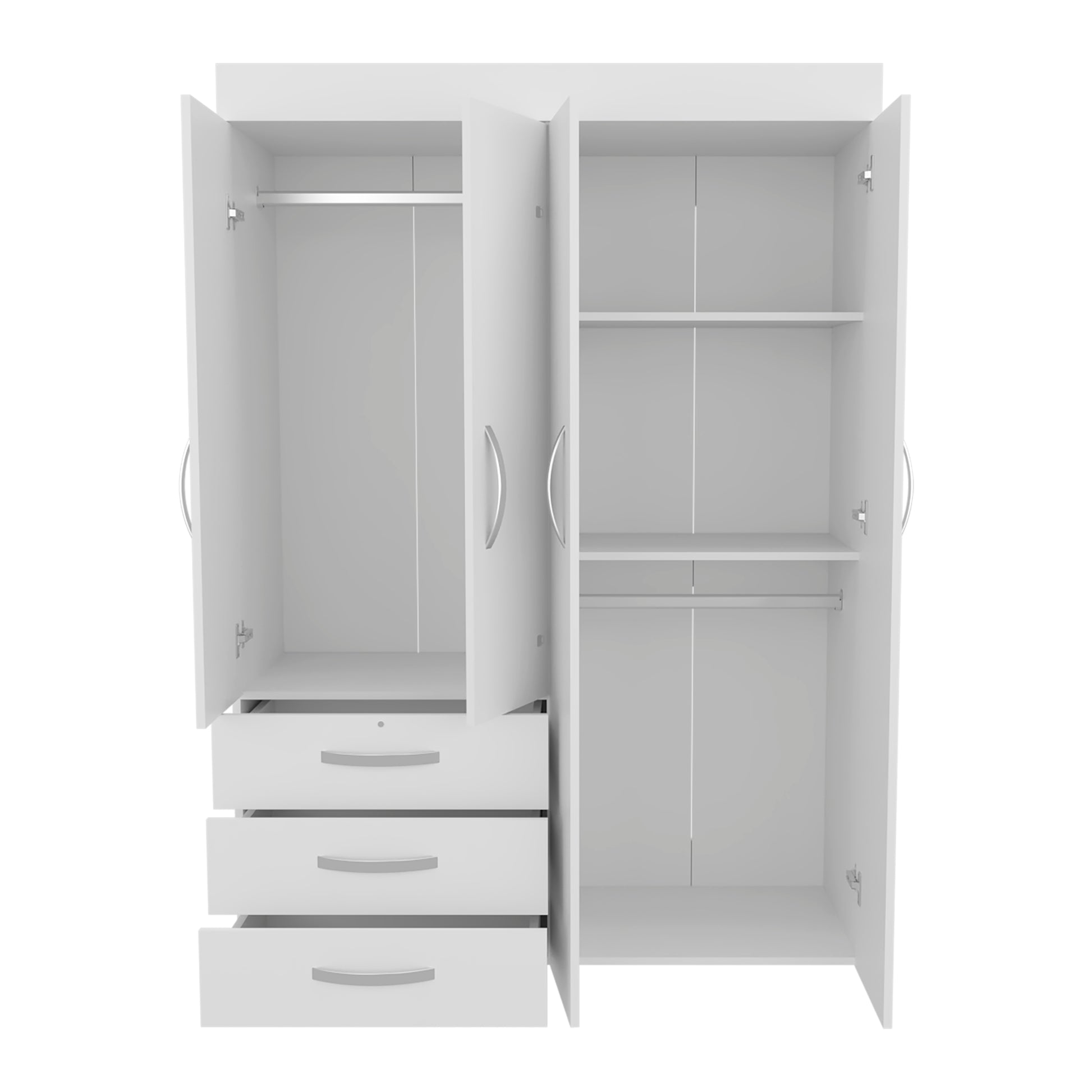 White 4-Door Wardrobe with Drawers & Hanging Rods for Bedroom