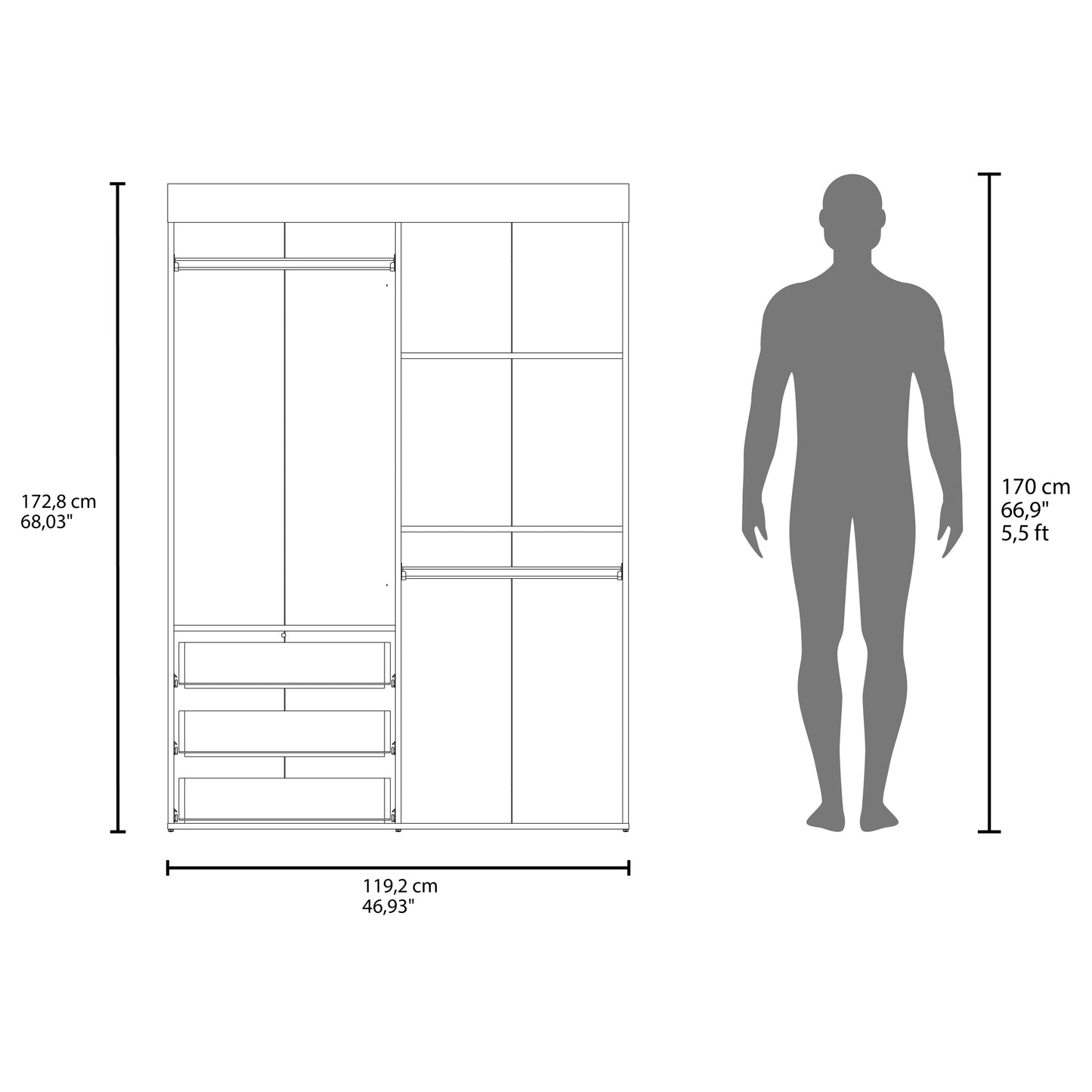 White 4-Door Wardrobe with Drawers & Hanging Rods for Bedroom